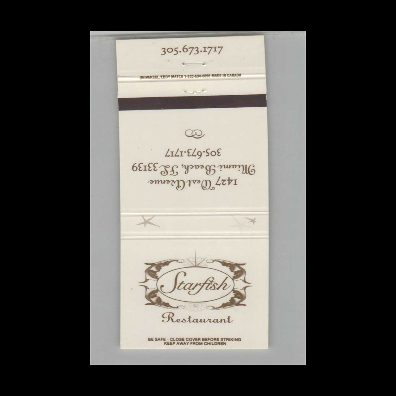 Matchbook Cover Starfish Restaurant Miami Beach FL