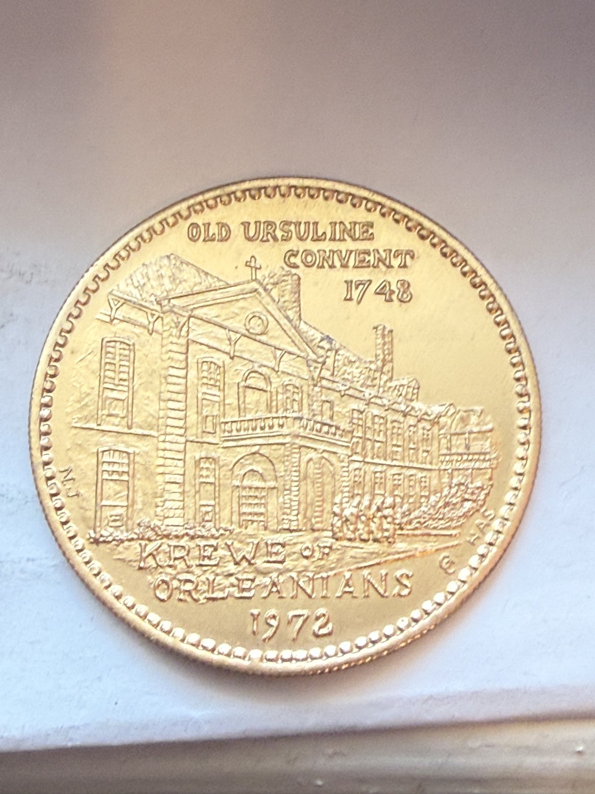 Krewe of Orleanians Gold Aluminum 1972 Doubloon, Old Ursuline Convent (1B)