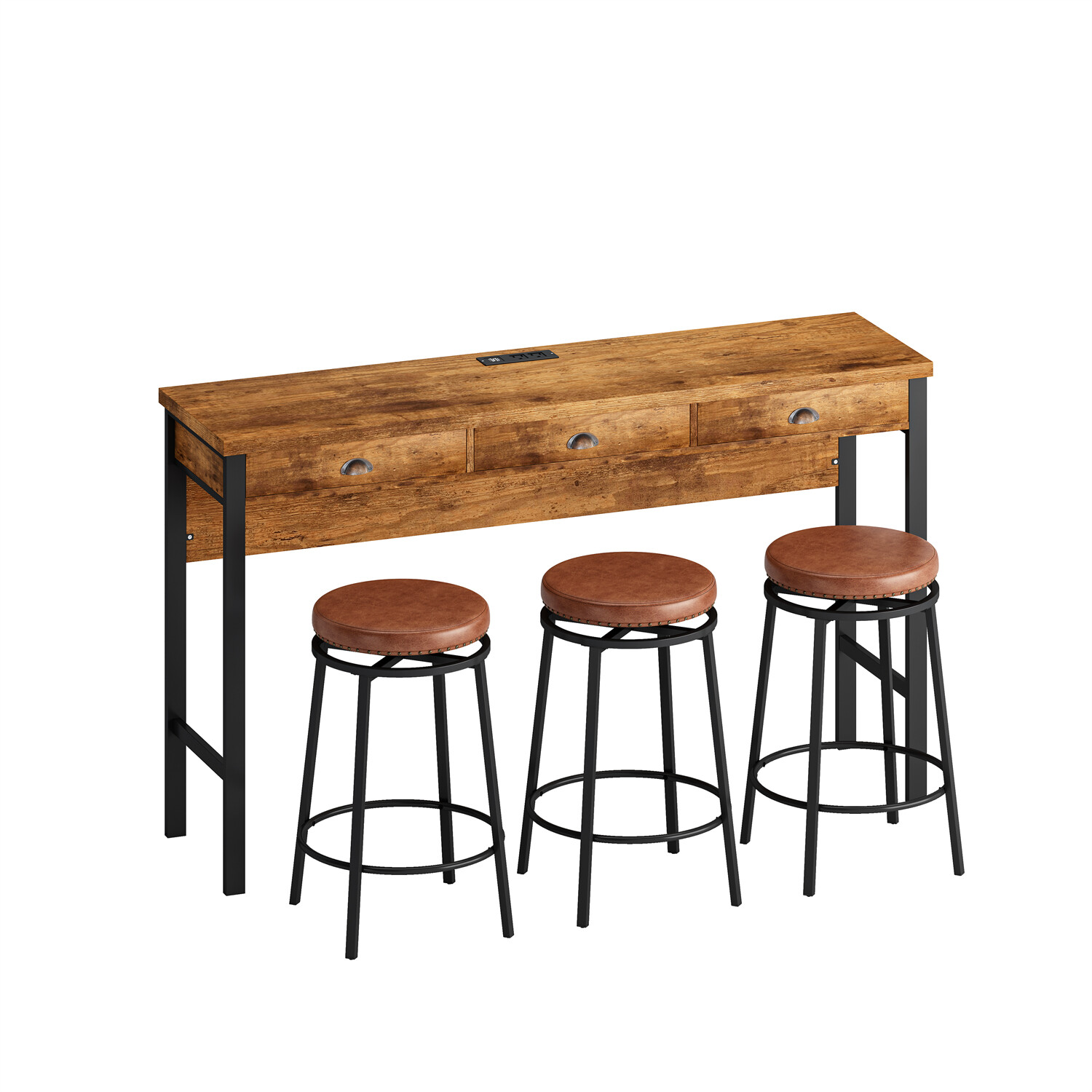 3-Drawer Long Dining Table Set W/ Power Outlets, Bar Kitchen Table Set PU Stools