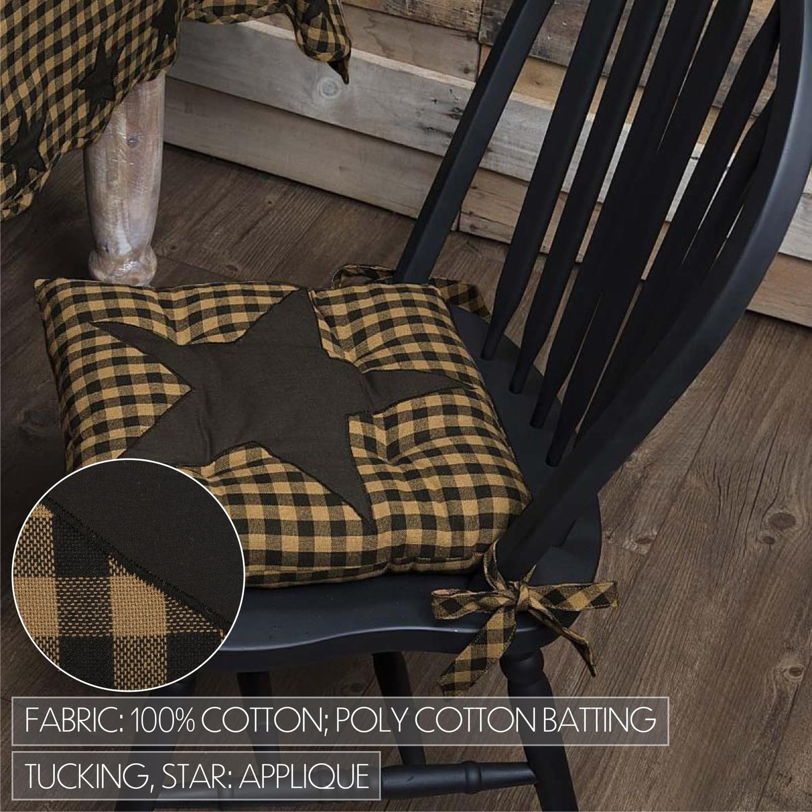 VHC Brands, Black Star, Cotton, 15x15, Chair Pad, 1 Pack, Raven, Khaki