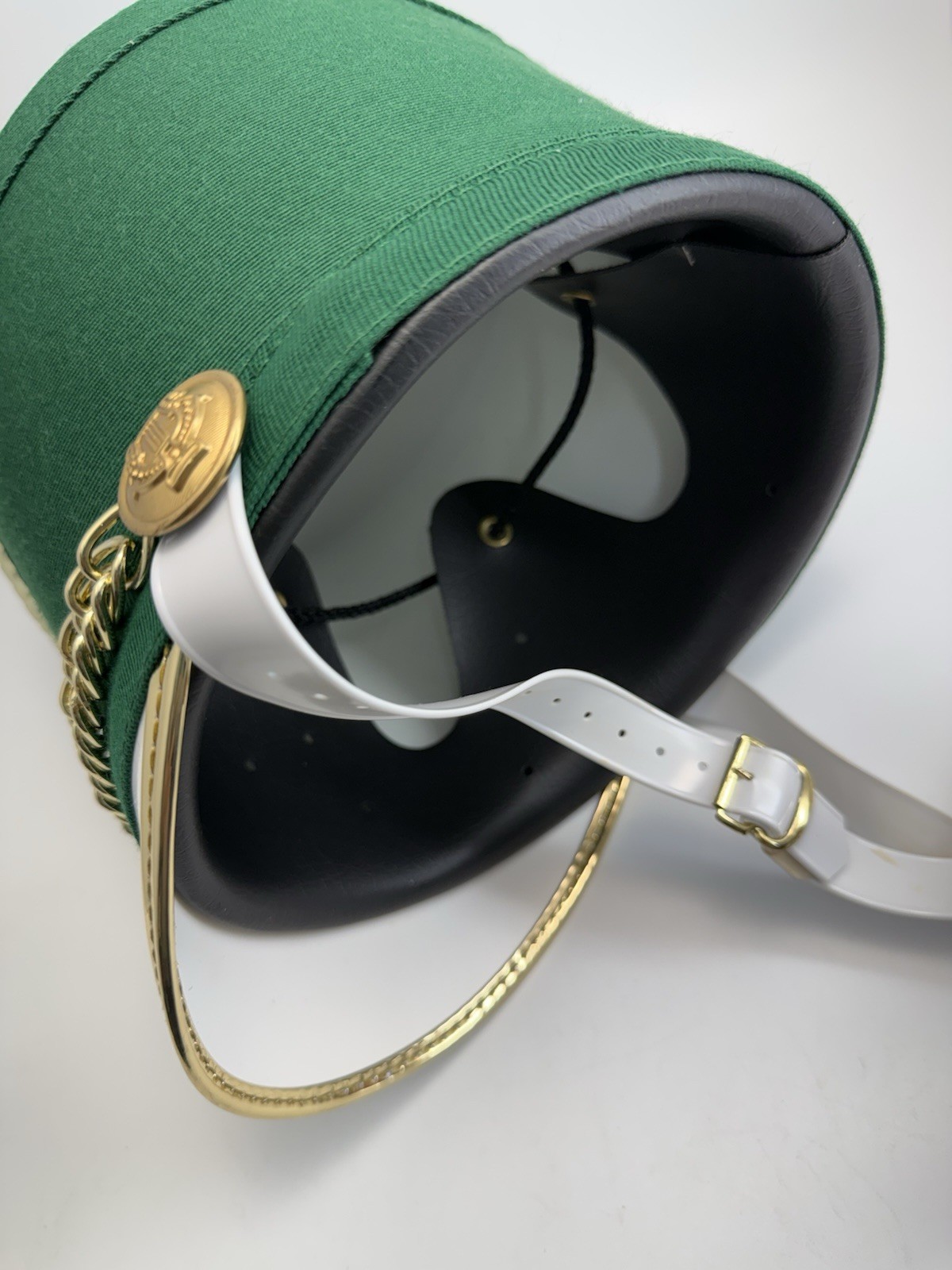 Vintage Shako Marching Band Uniform Hat Green Gold White Sz S-M-L- XL w/case