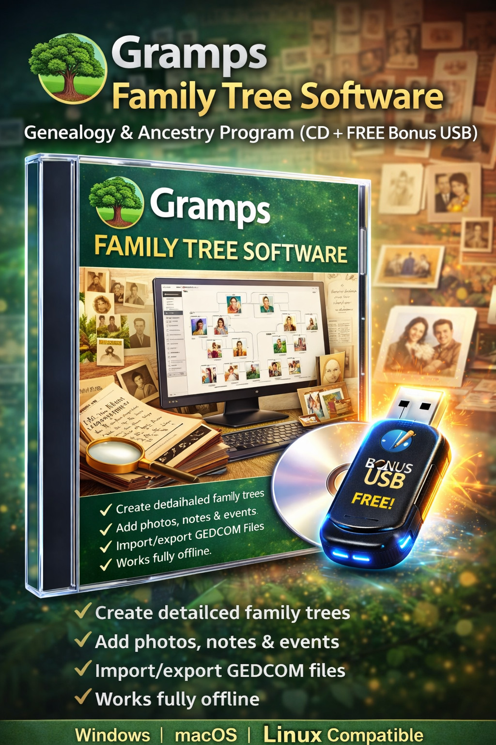 Gramps Family Tree Maker | Genealogy Software Family History Ancestry Res CD