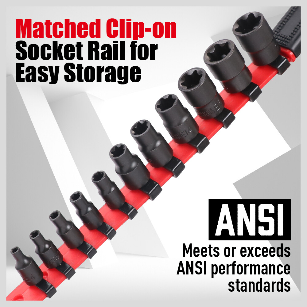 11Pc Female E-TORX Star Socket Set E4 - E20 With Single Handle Socket Organizer