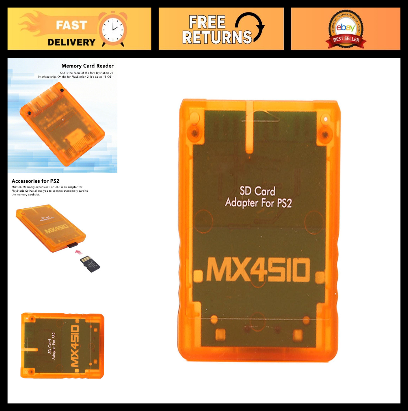 SD Card Adapter for PS2 - Memory Card Expansion, SIO Replacement Reader, Orange