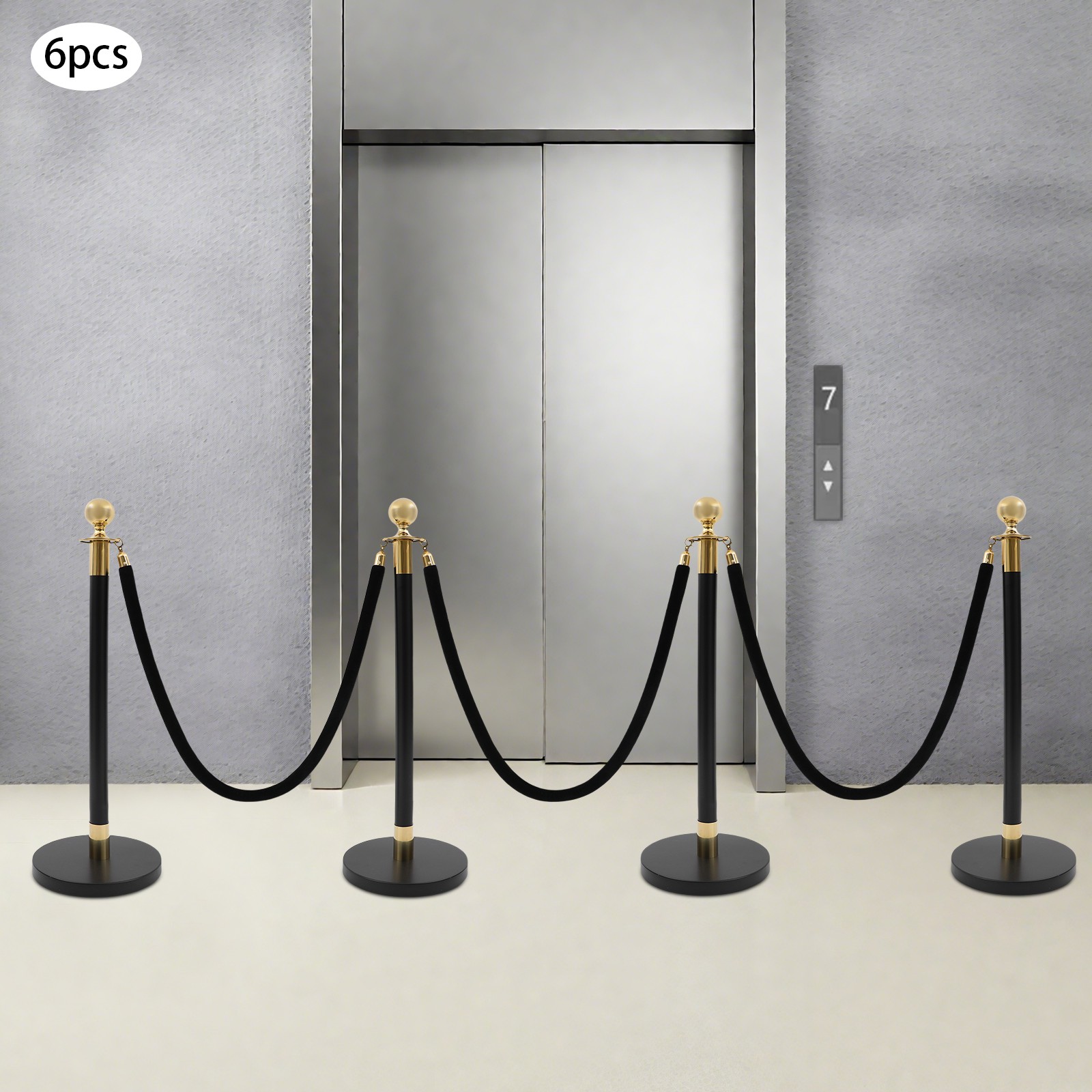 6PC Gold+Black Stanchion Posts Queue Pole with 3x1.5m Ropes Crowd Control Barrie