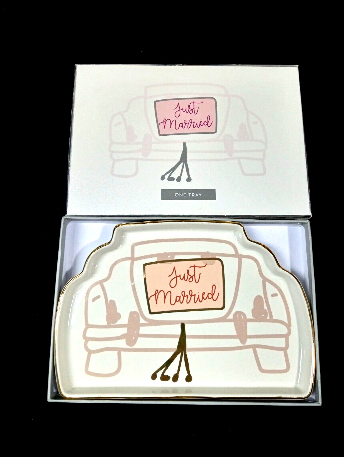 'Just Married' Car Shaped Trinket Tray Gold Trim By Rosanna Imports W/Box