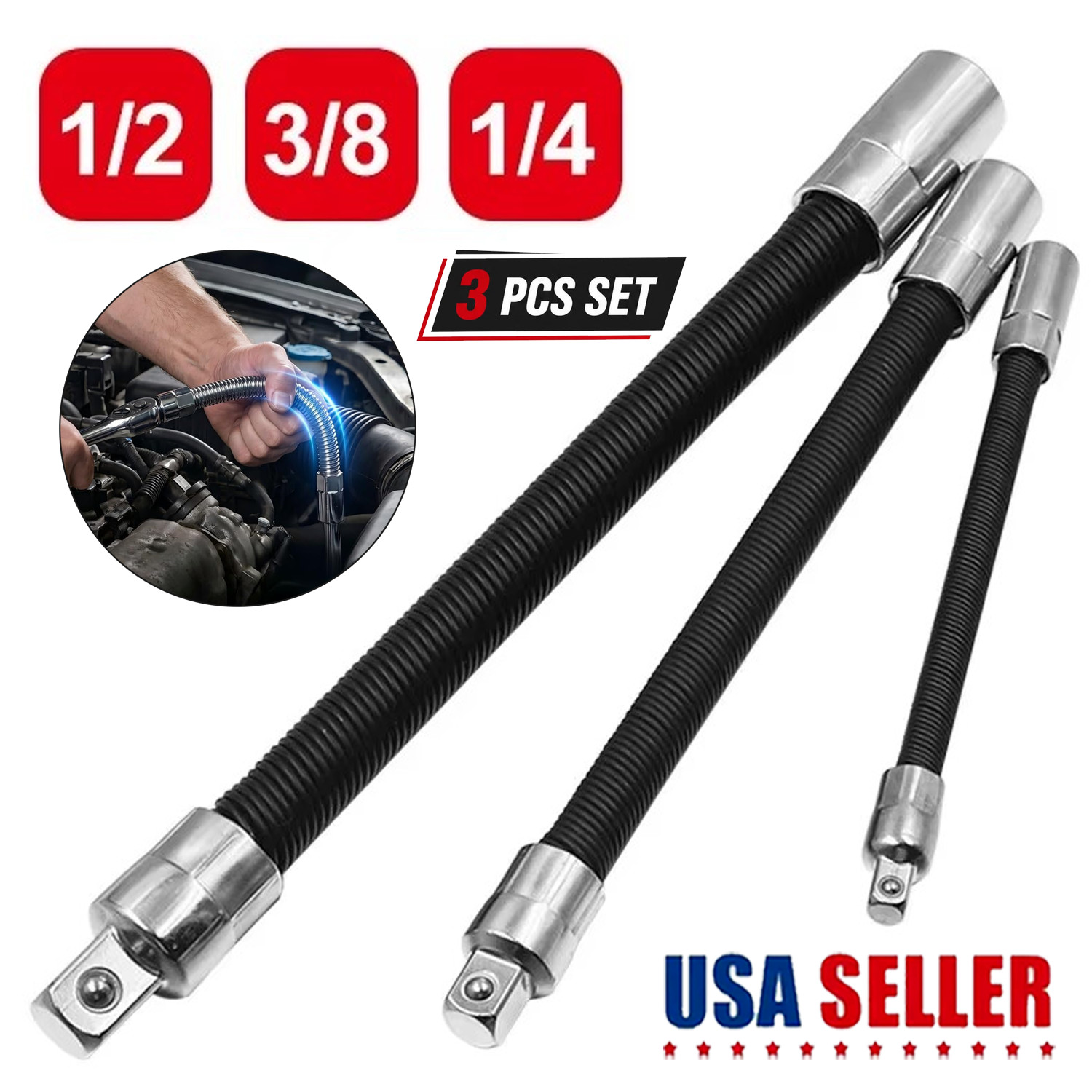 3-Piece Flexible Socket Extension Bar Sets 1/2" 1/4" 3/8" Shaft Drive 10" 8" 6"