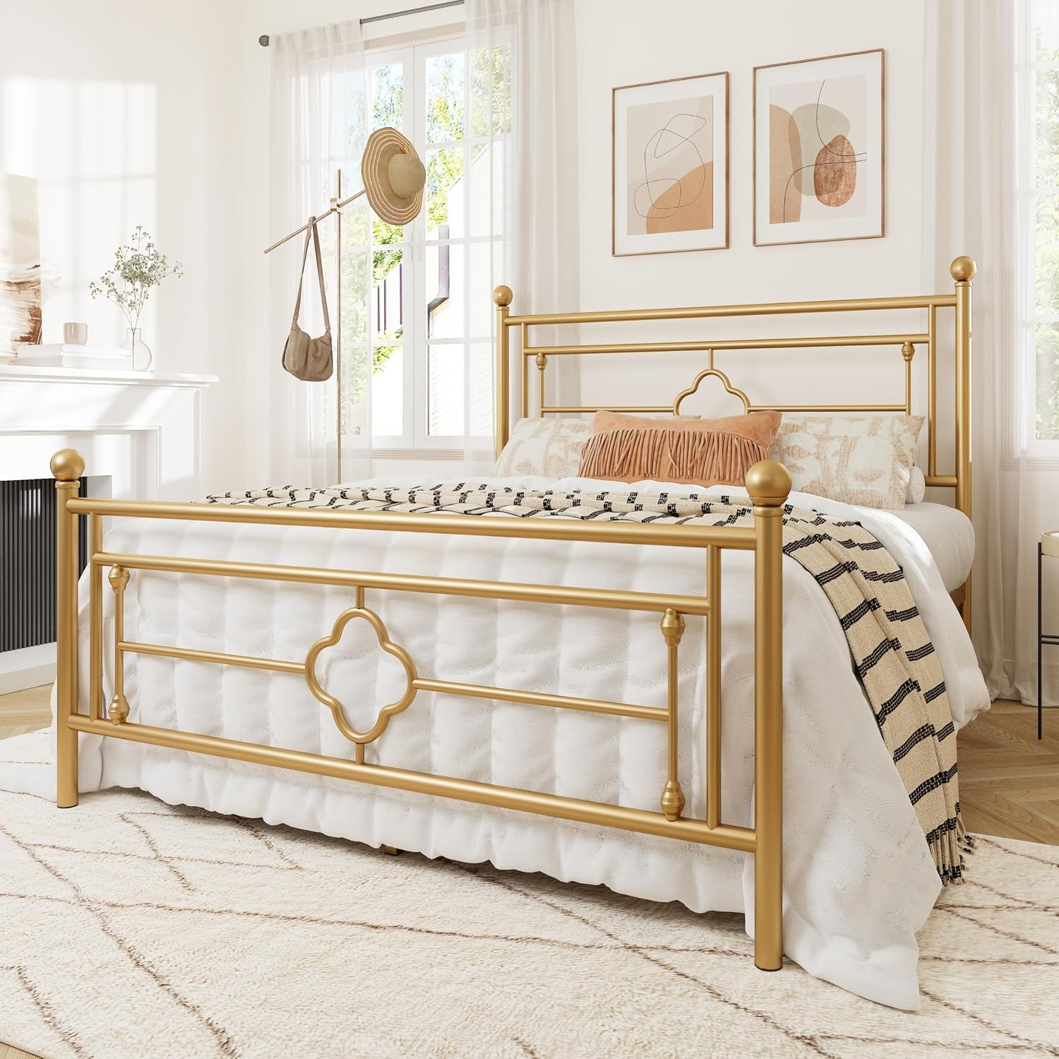 Queen Size Metal Platform Bed Frame Victorian Headboard Gold | Heavy Duty Metal