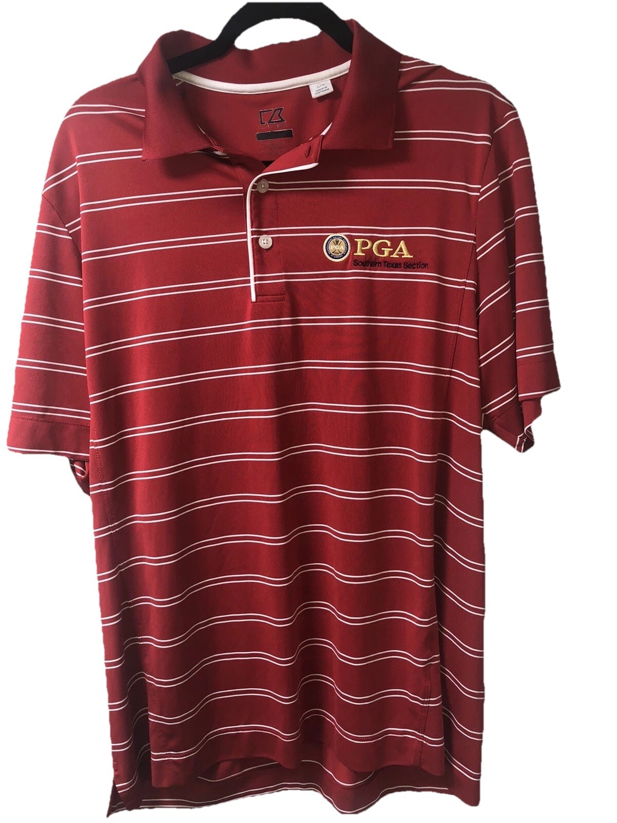 Cutter & Buck PGA Polo Shirt Men L Red Striped Golf Southern Texas Logo