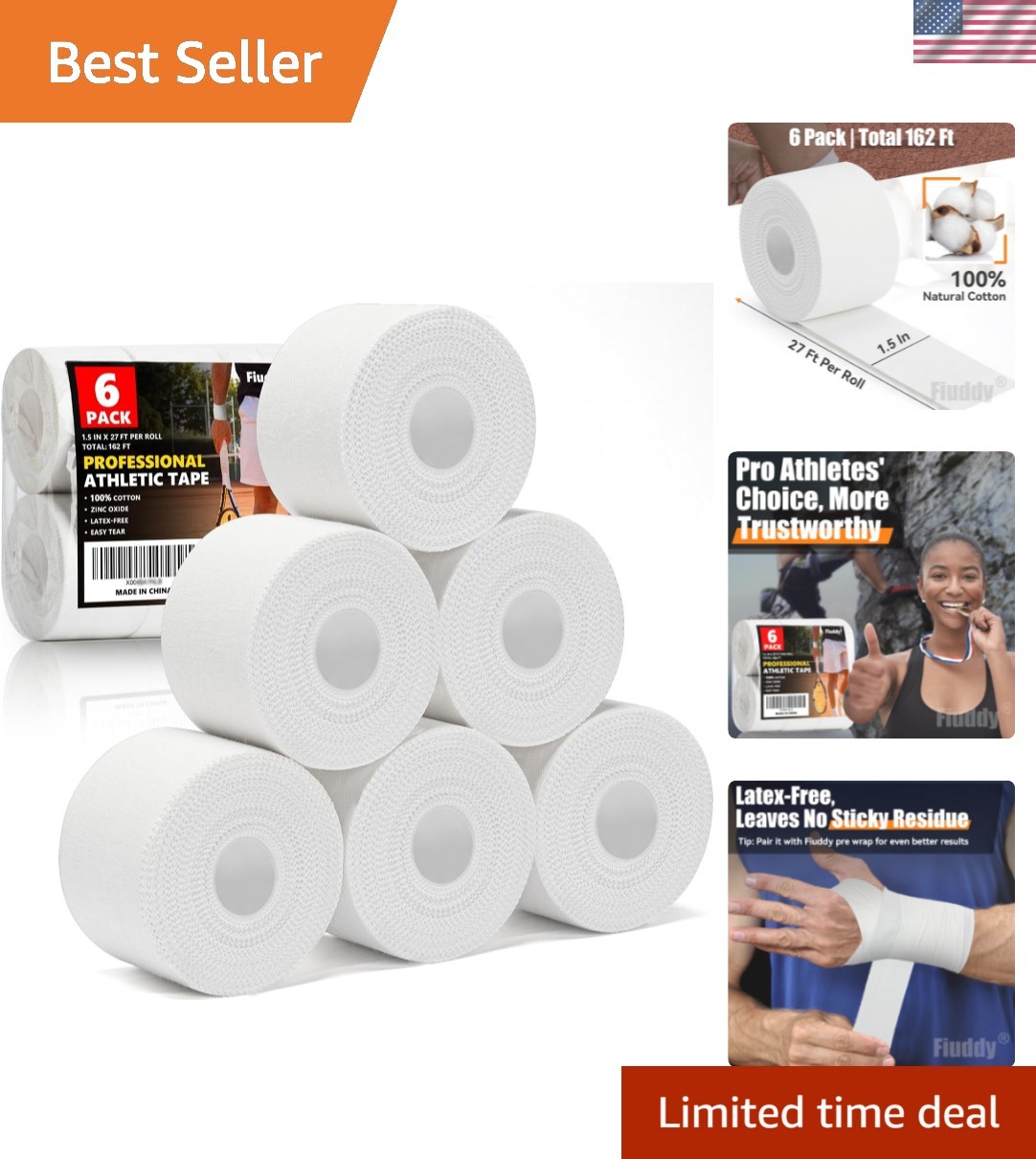 Professional 6 Pack White Athletic Sports Tape - 1.5 Inch × 27 Feet Per Roll ...