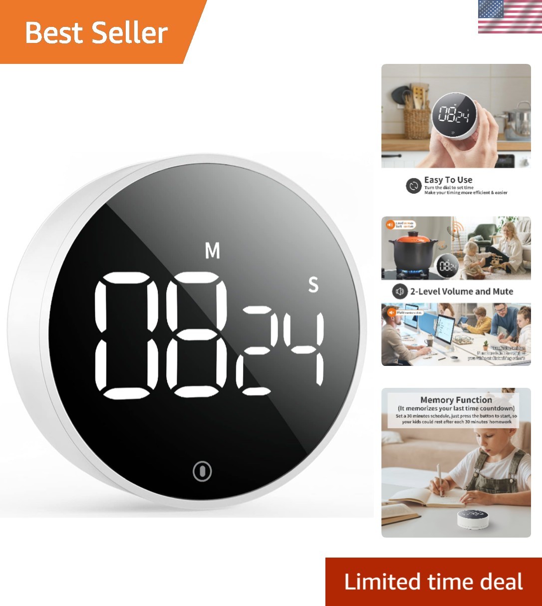 Digital Magnetic Kitchen Timer & Stopwatch with LED Display, White | Up to 99...