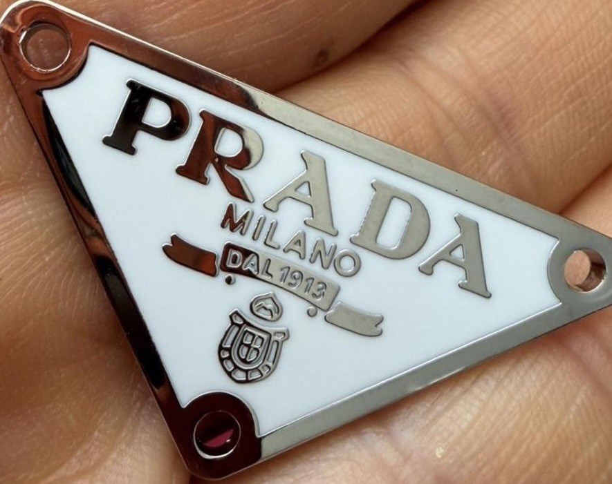 Prada Replacement Triangle Metal pastel white & gold Logo Plate For Repair