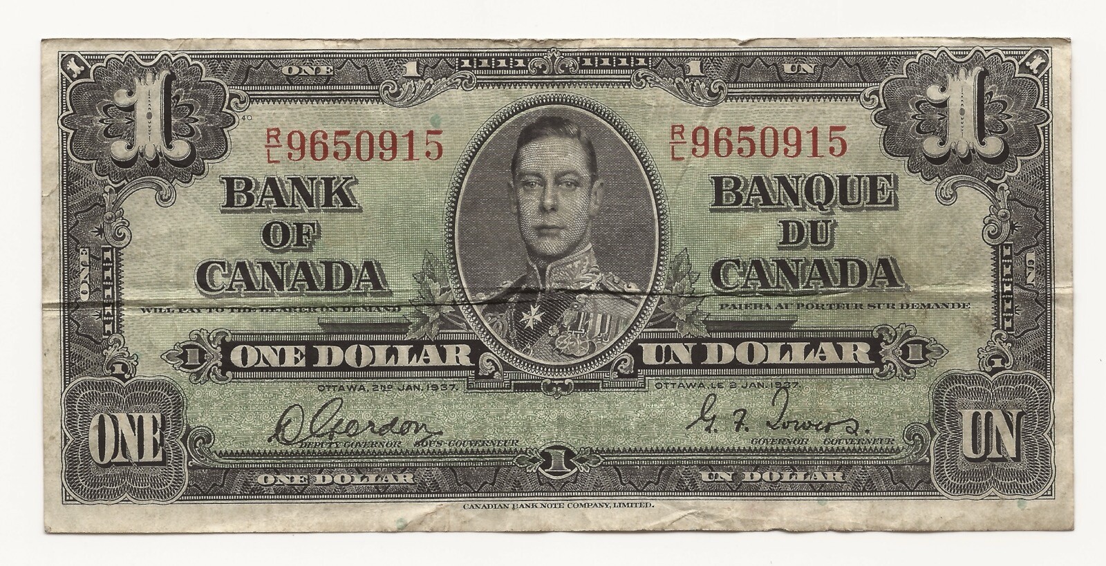 1937 $1 Dollar Bill Bank Of Canada Ottawa 915-TXN