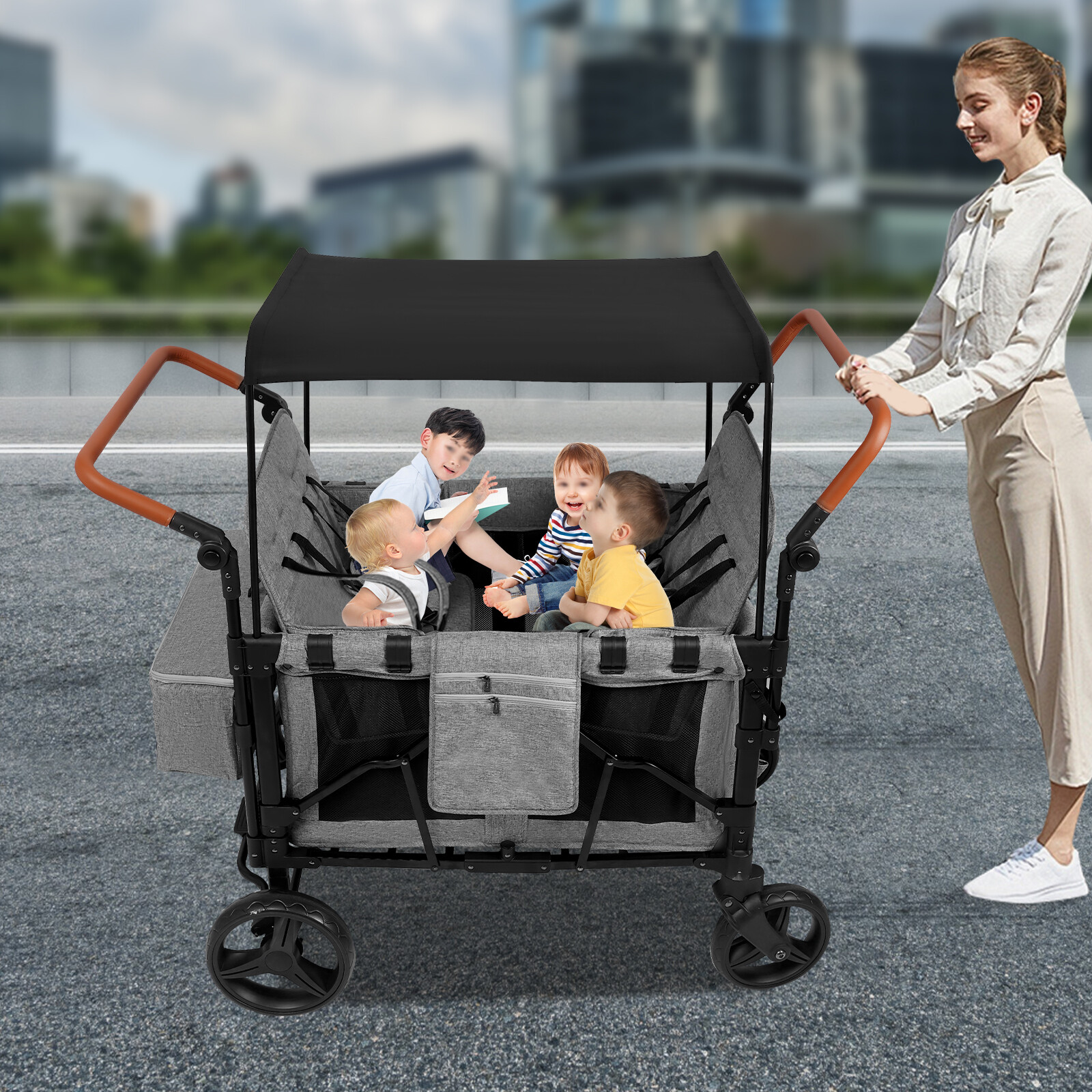 High Seat Stroller Wagon Freestand Wagon Cart Featuring Push Bar Wagon Stroller