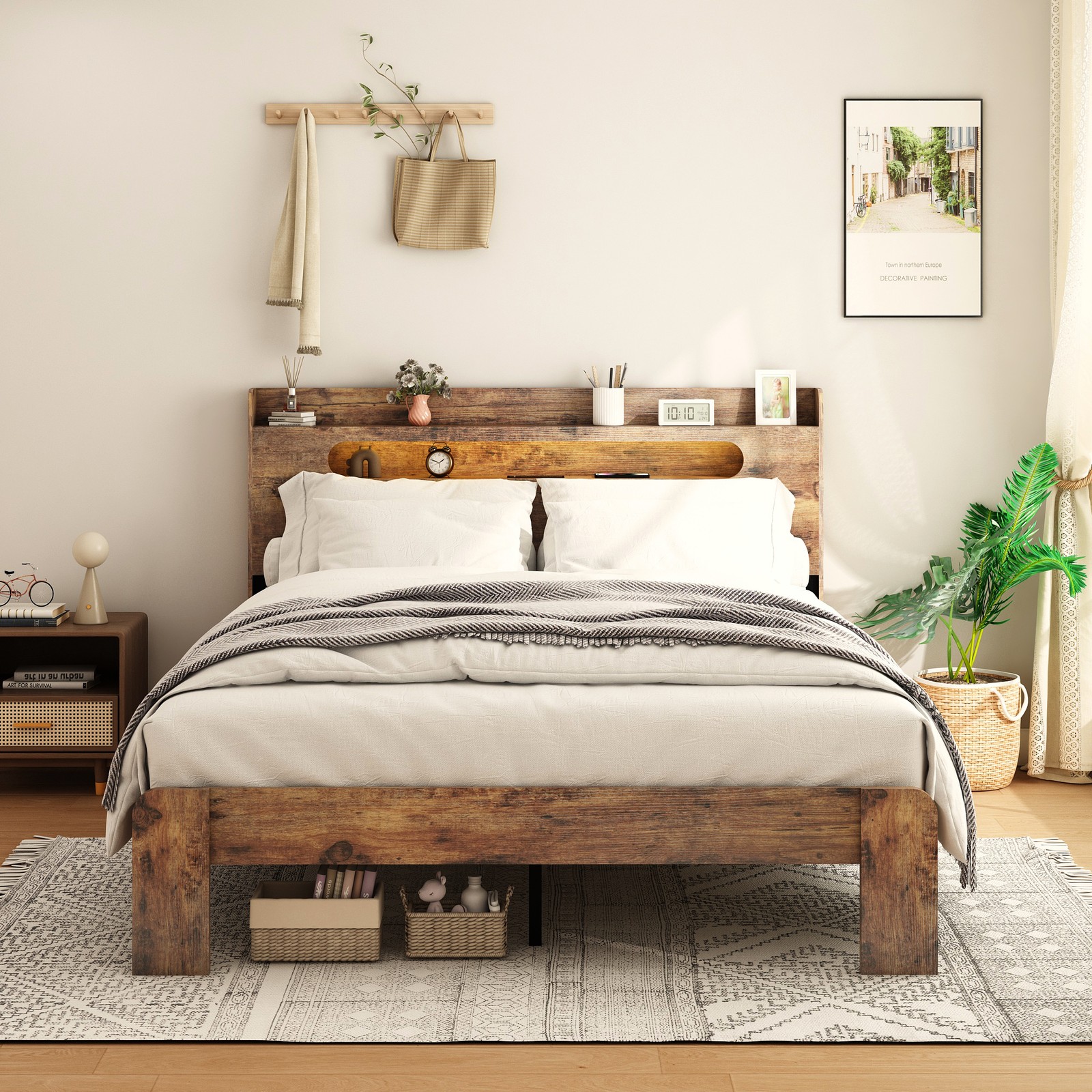 King Size Bed Frame Wood Platform Bed Frame with Storage LED Light Headboard USB