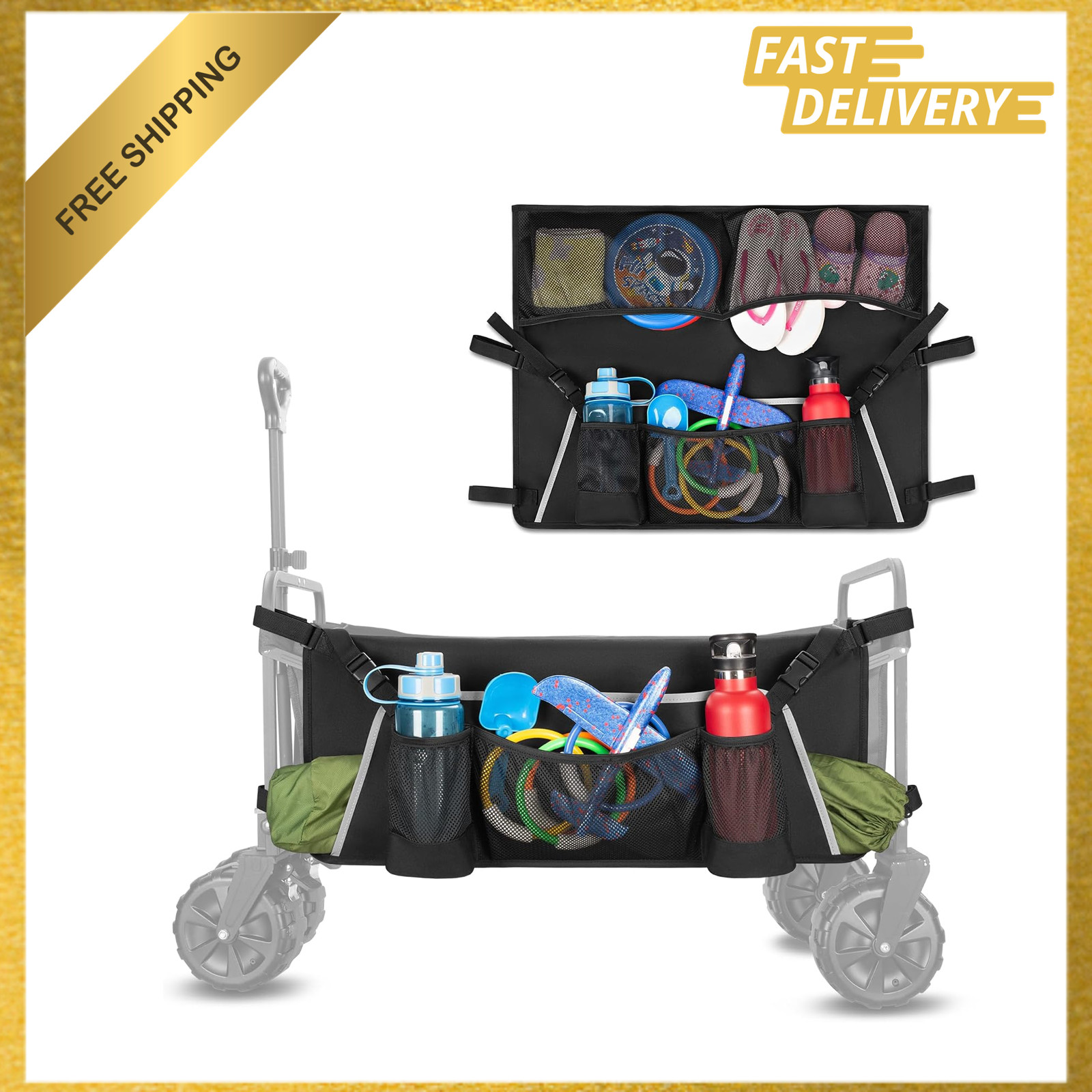 Collapsible Wagon Side Pocket Storage Bag with Reflective Strips Mesh Pouch for