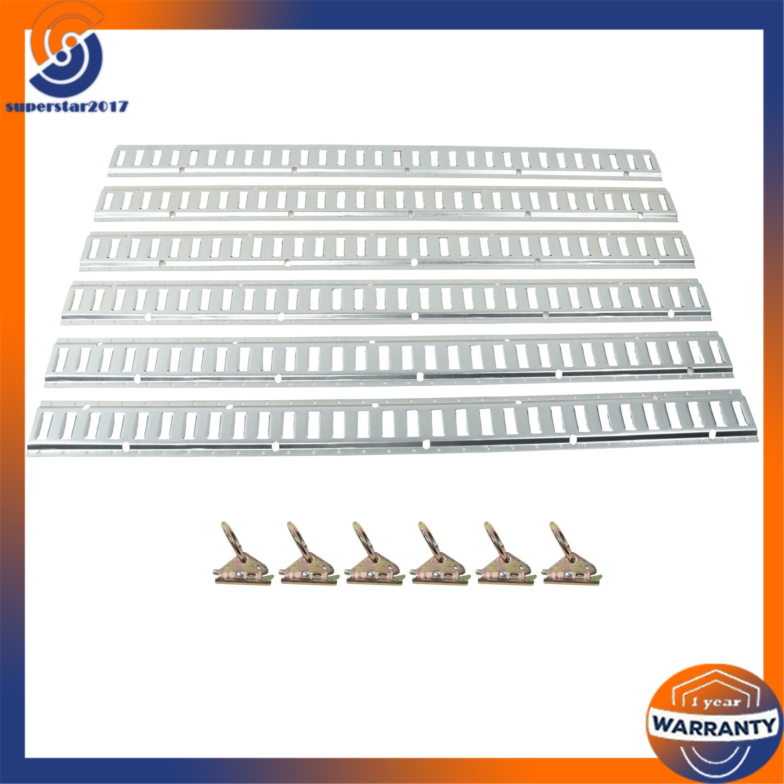 12PCS E-Track Tie-Down Rail Kit 6x 5ft Silver Galvanized Rails 6 O-Ring Anchors