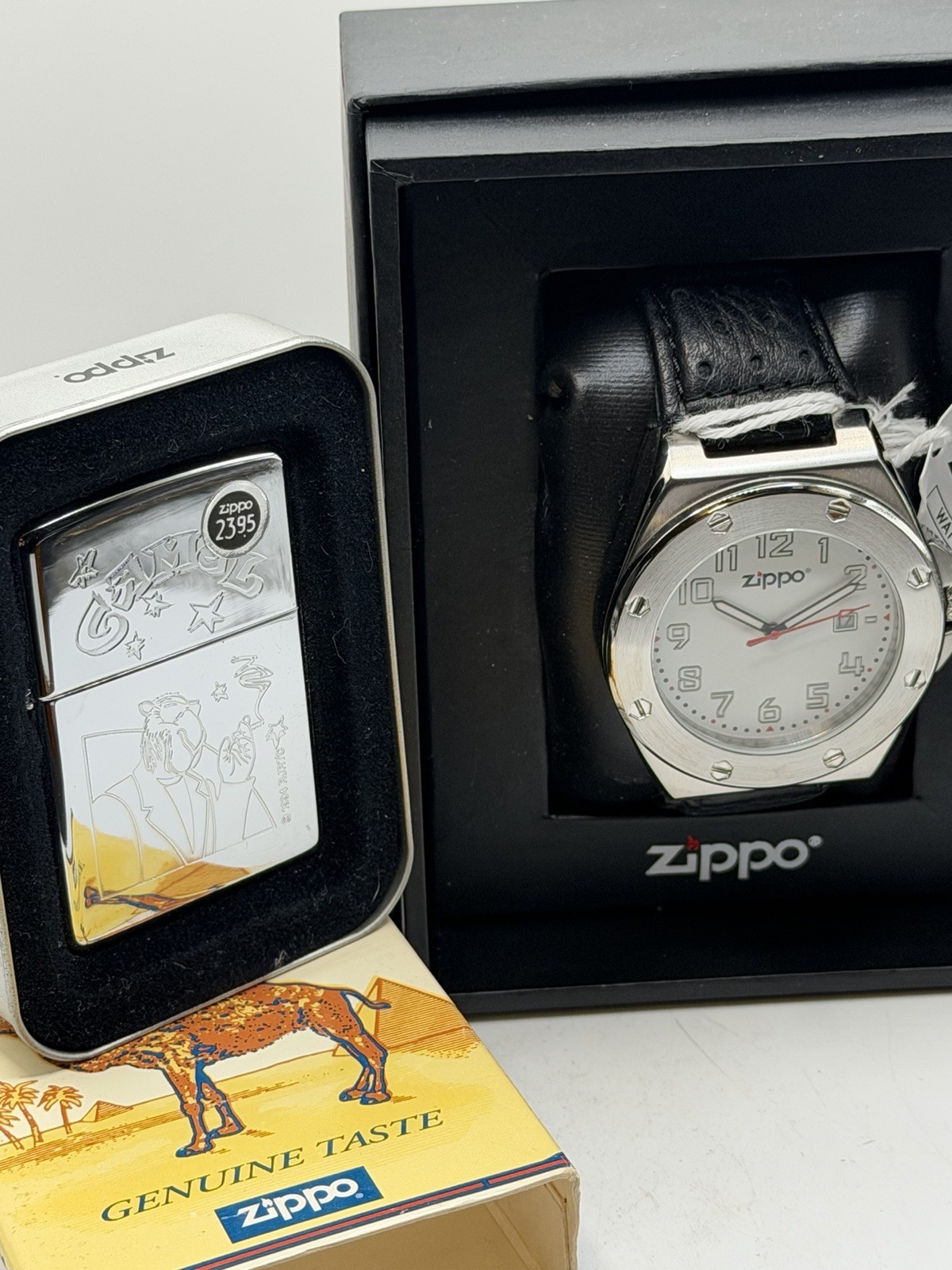 Vintage 1997 Camel Joe Smokin & Stars Chrome Zippo Lighter & Men’s Casual Watch