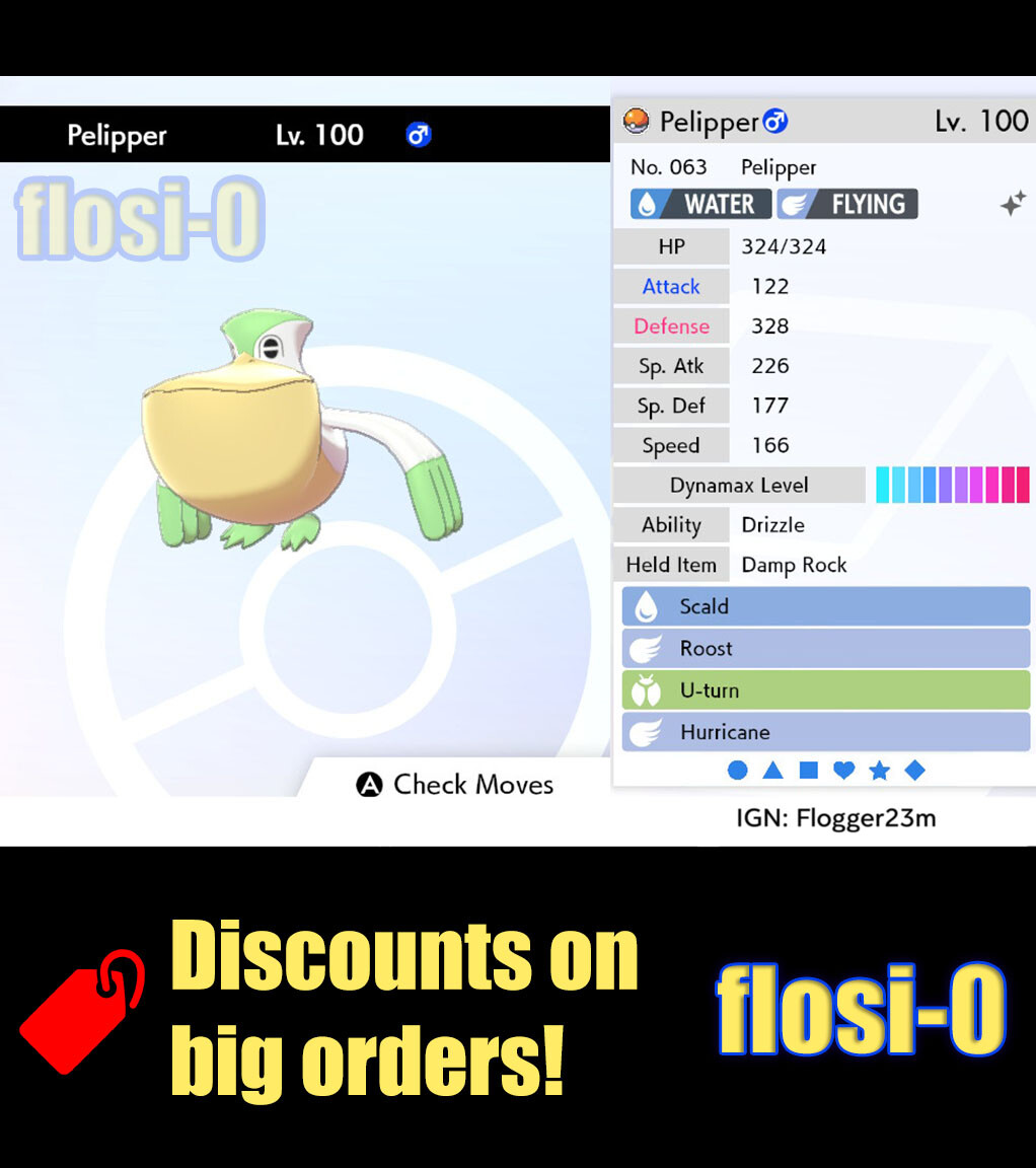 6IV Ultra Shiny Pelipper Pokemon Sword and Shield (Square Shiny)