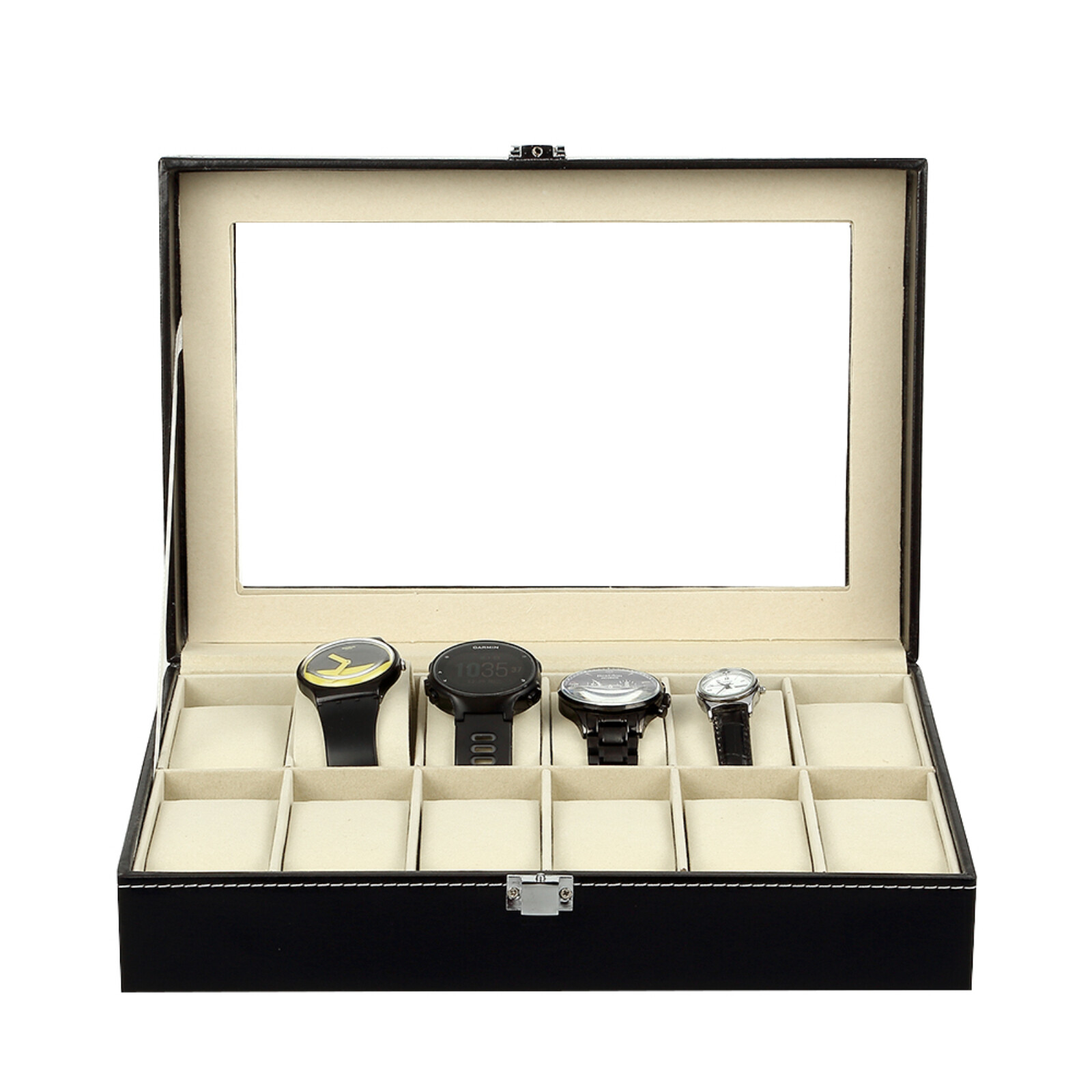 12 Slots Watch Box PU Leather with Glass Lid Jewelry Storage Display Case Gift