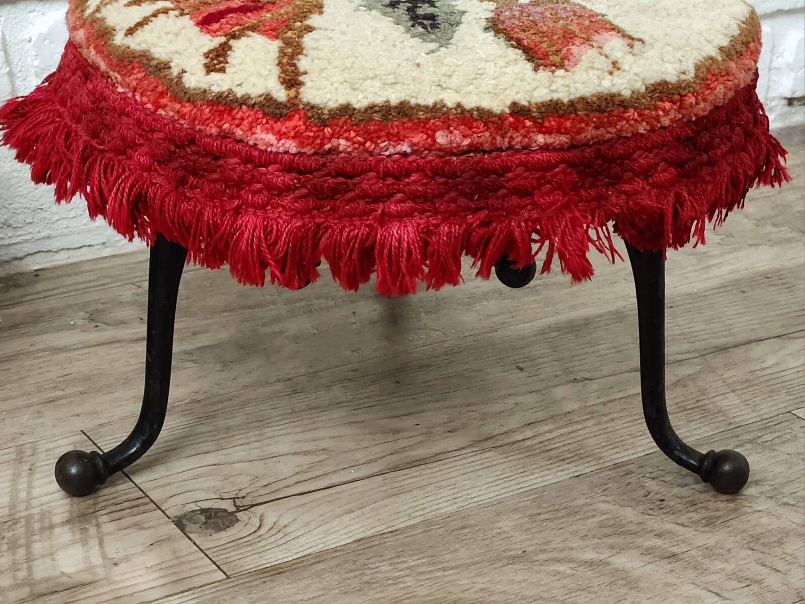 Antique Victorian Hooked Rug Foot Stool Wrought Iron Legs Floral Fringe Vintage