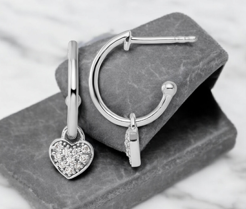925 Sterling Silver Rhodium Plated Genuine Diamond Love Heart  J hoop Post