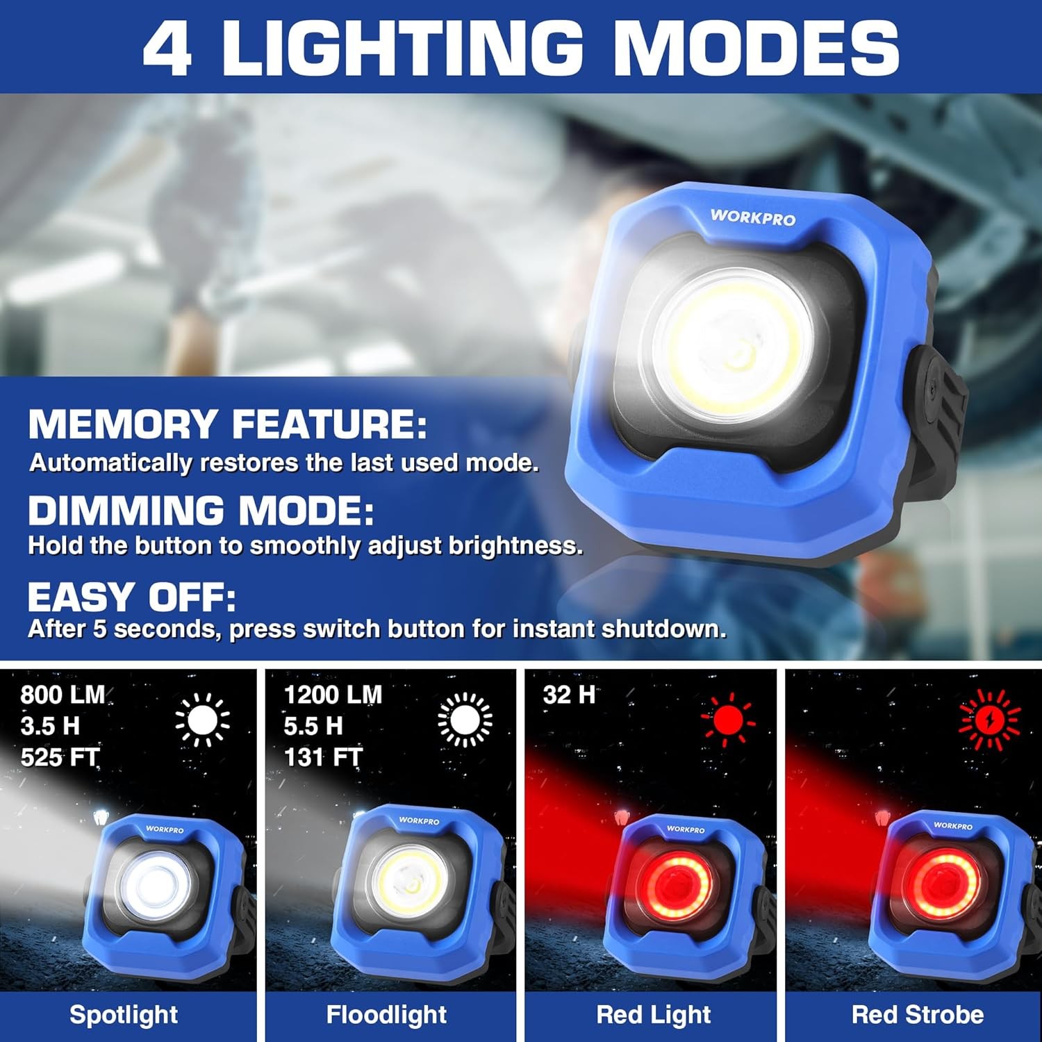 WORKPRO 1200LM LED Magnetic Light Rechargeable Work Light Portable Flood Lamp