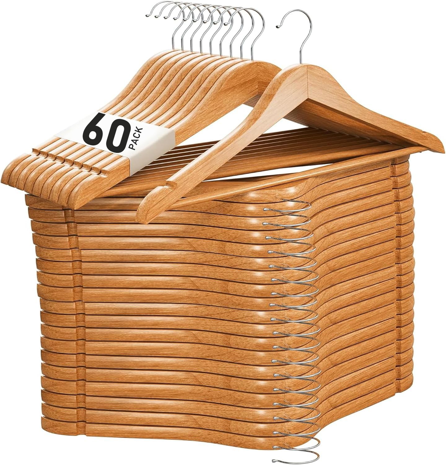 Premium Wooden Hangers 60 Pack Non-Slip Coat Clothes Hangers w/360° Swivel Hook