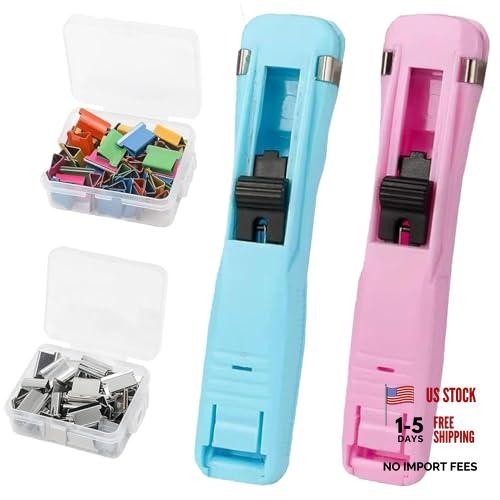 Portable Binder Clip Stapler, 100 Reusable Clips, Handheld Paper Blue + Pink