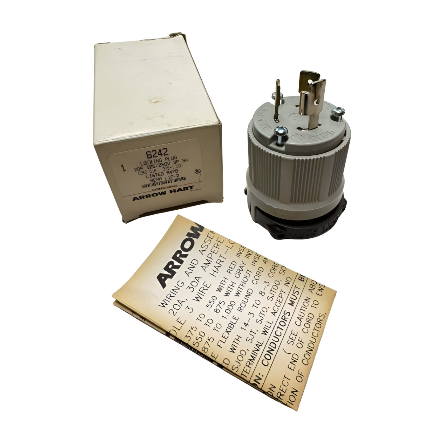 Arrow Hart 6242 Locking Male Plug 20A, 125/250V, 3-P, Cord .375-1.000, L10-2