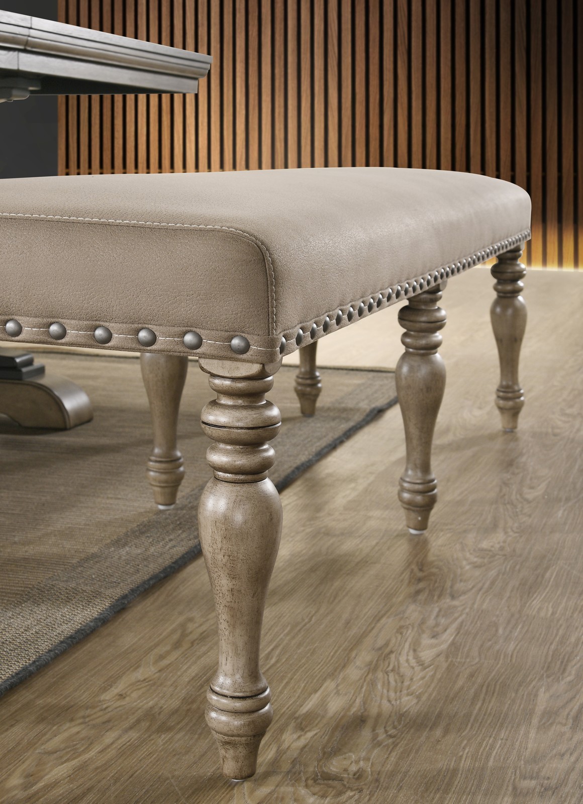 Microfiber Upholstered Bench with Nail Head Trim in Driftwood Finish
