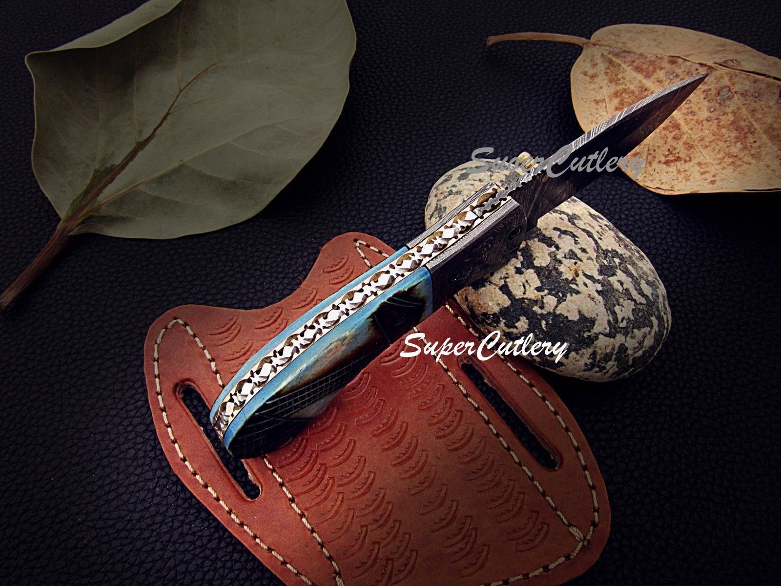 CUSTOM DAMASCUS STEEL POCKET FOLDING KNIFE- ENGRAVED FLAMED BONE LINER LOCK
