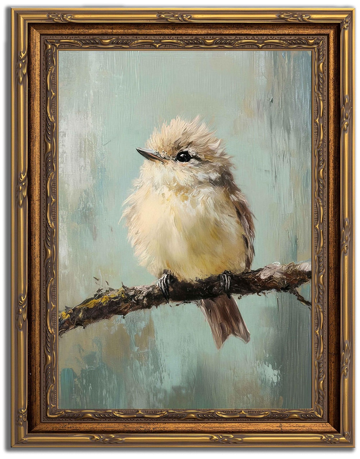 Gold Framed Bird Canvas Wall Art Vintage Beige Sparrow 16"L x 12"W, bird
