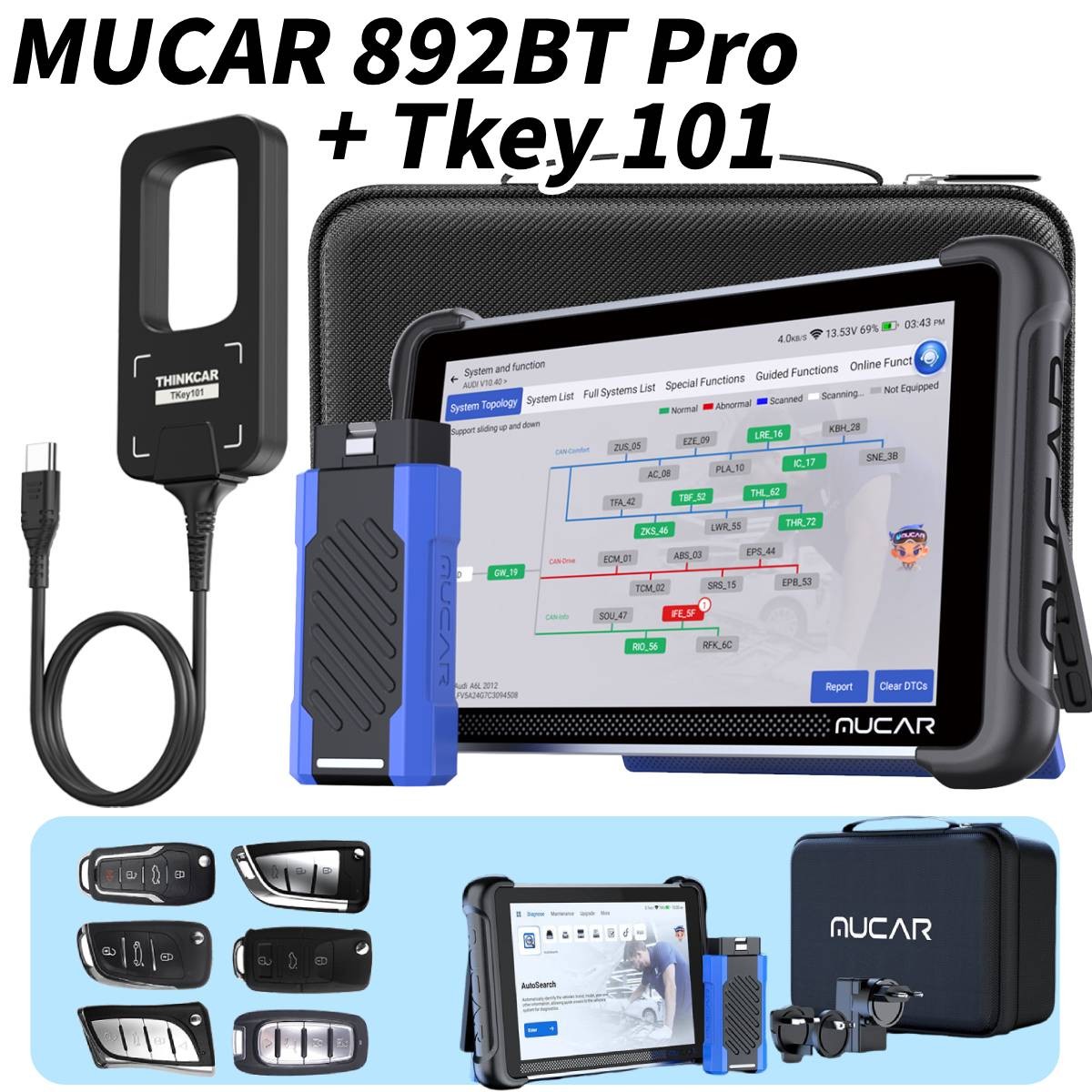 MUCAR 892BT PRO+Tkey 101 Key Programming Tool Topology Mapping J2534 Protocol