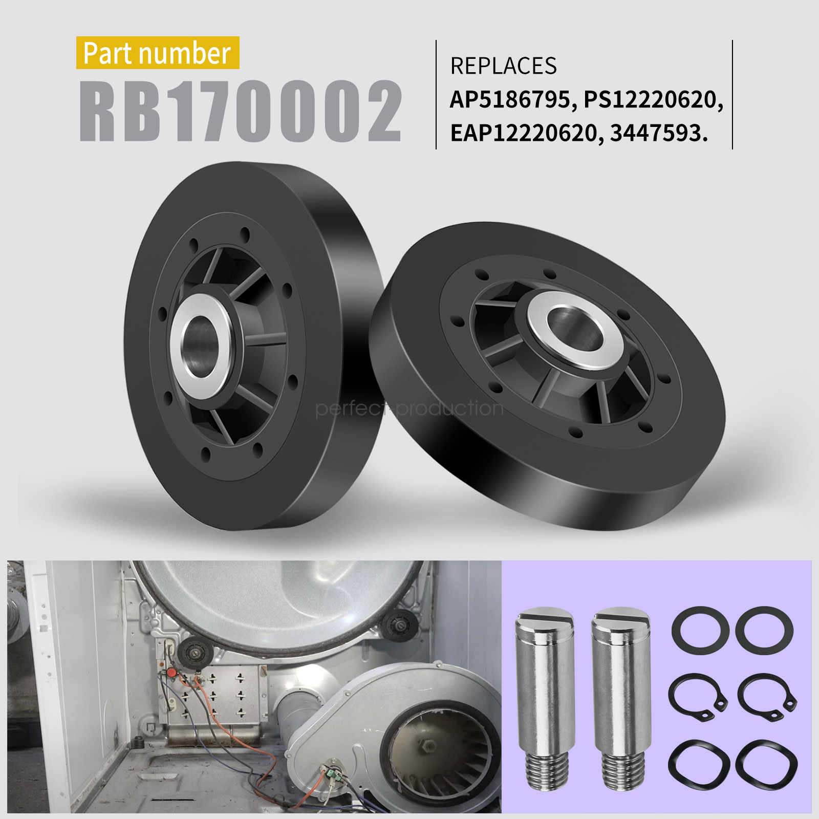 RB170002 Dryer Drum Roller Kit - Black Compatible with Speed Queen