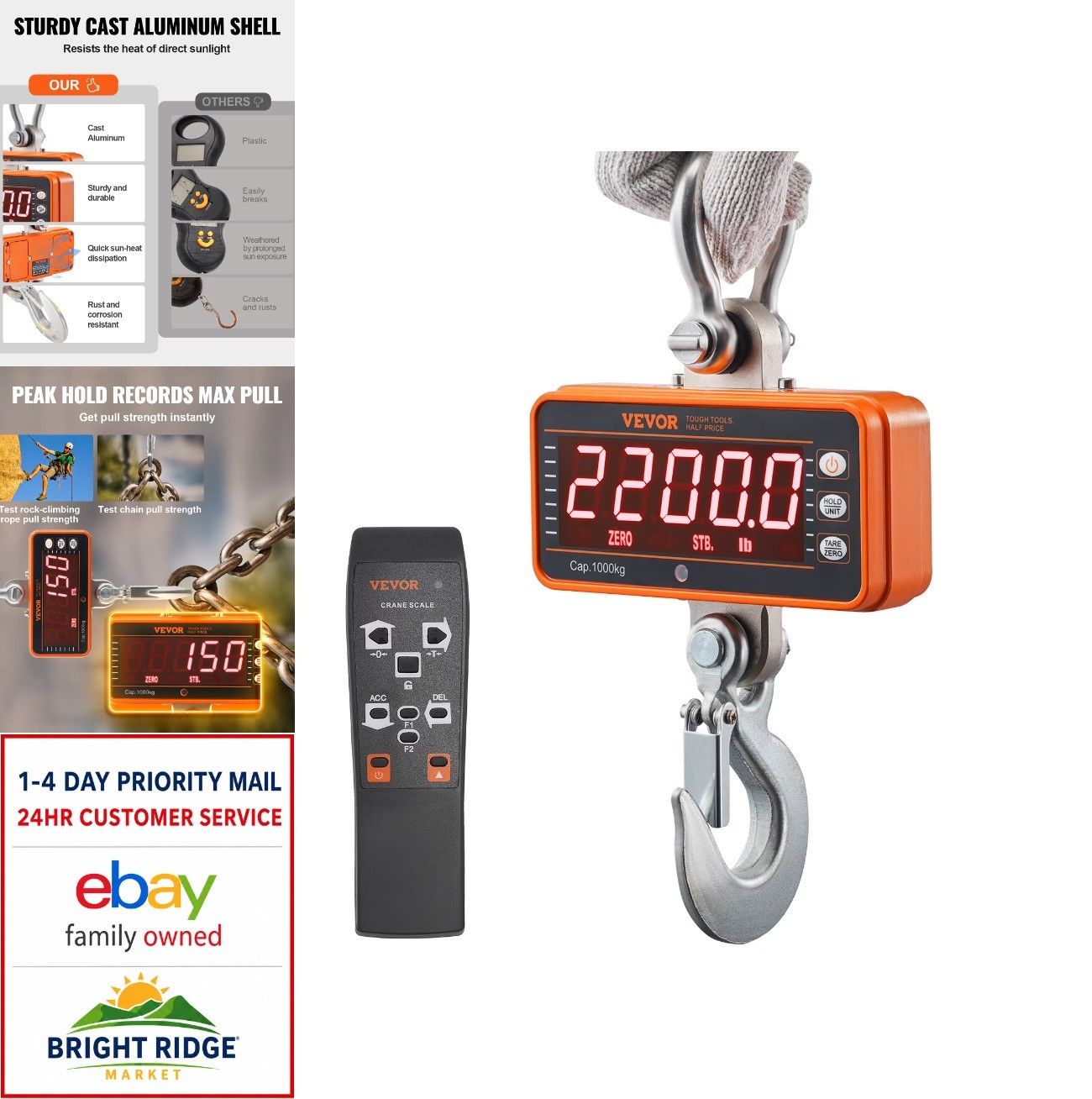 Digital Crane Scale 2200 lbs 1000 kg Heavy Duty Hanging Industrial with Remote