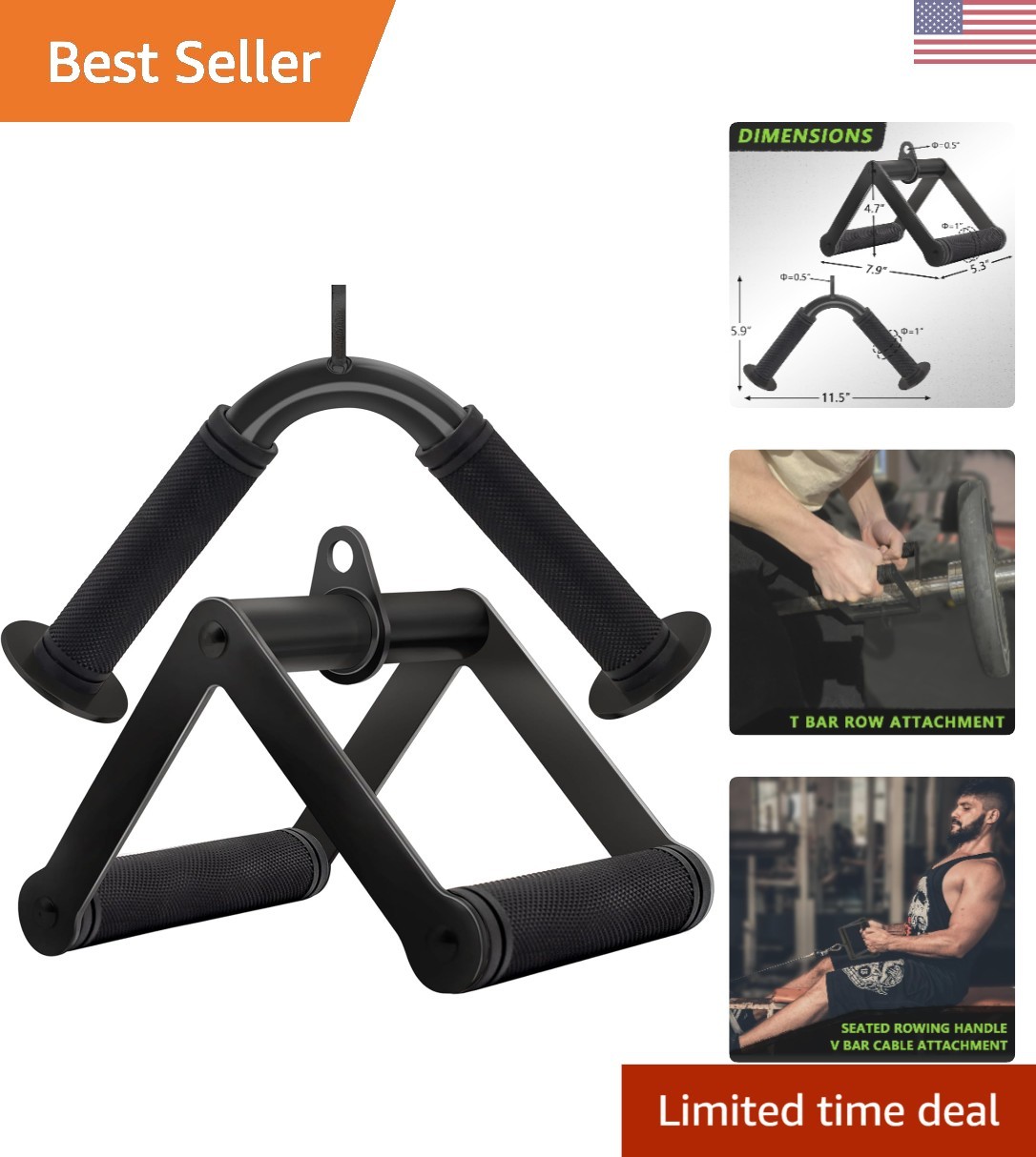 Double D Row Handle & V Bar Combo - Unisex Steel Workout Attachments