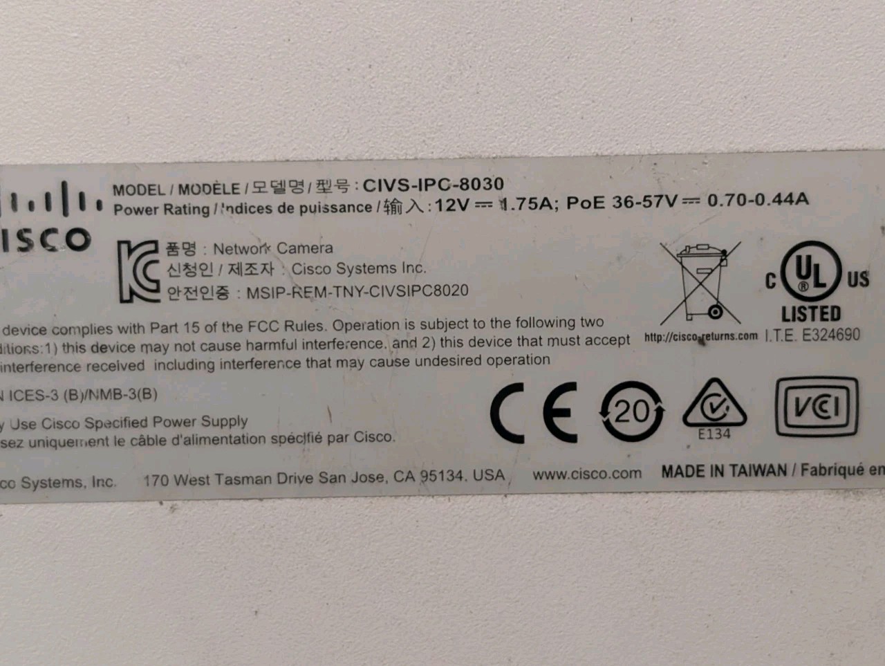 Cisco CIVS-IPC-8030 Network Dome Surveillance Camera