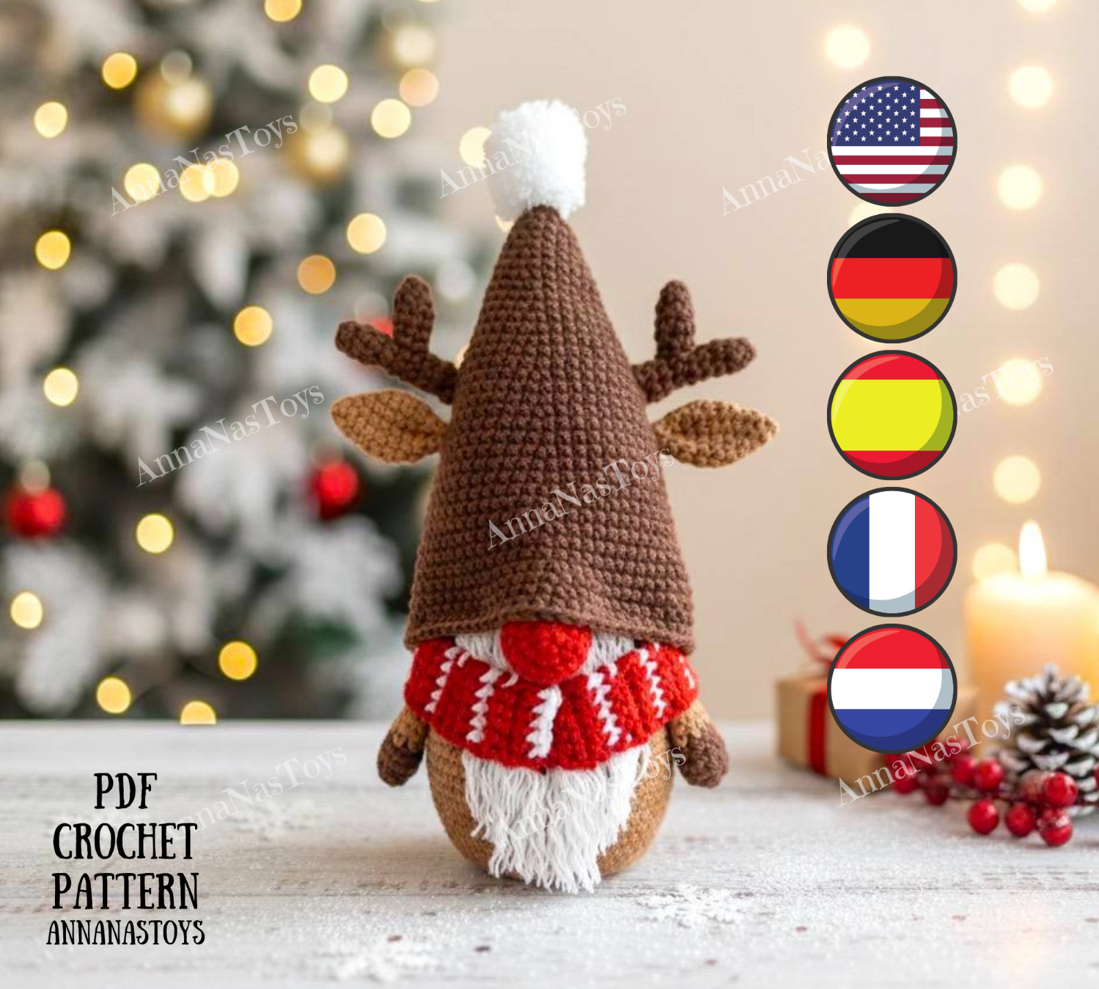 Gnome Christmas deer, Christmas gnome,amigurumi pattern,Crochet PDF pattern