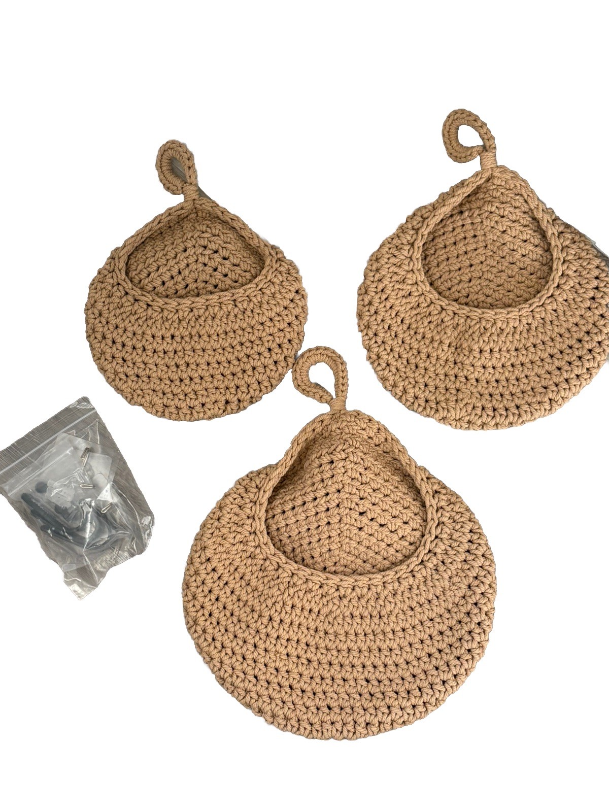 3 Crochet Wall Hanging Basket Covers Tan Vary Size Handmade w Hooks NOS BOHO