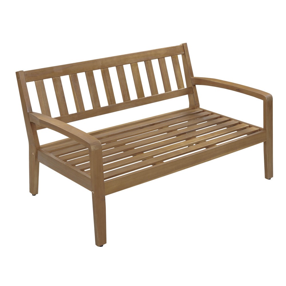 Acacia Wood Outdoor Loveseat Set w/ Coffee Table & Dark Blue Cushions, Seats 2