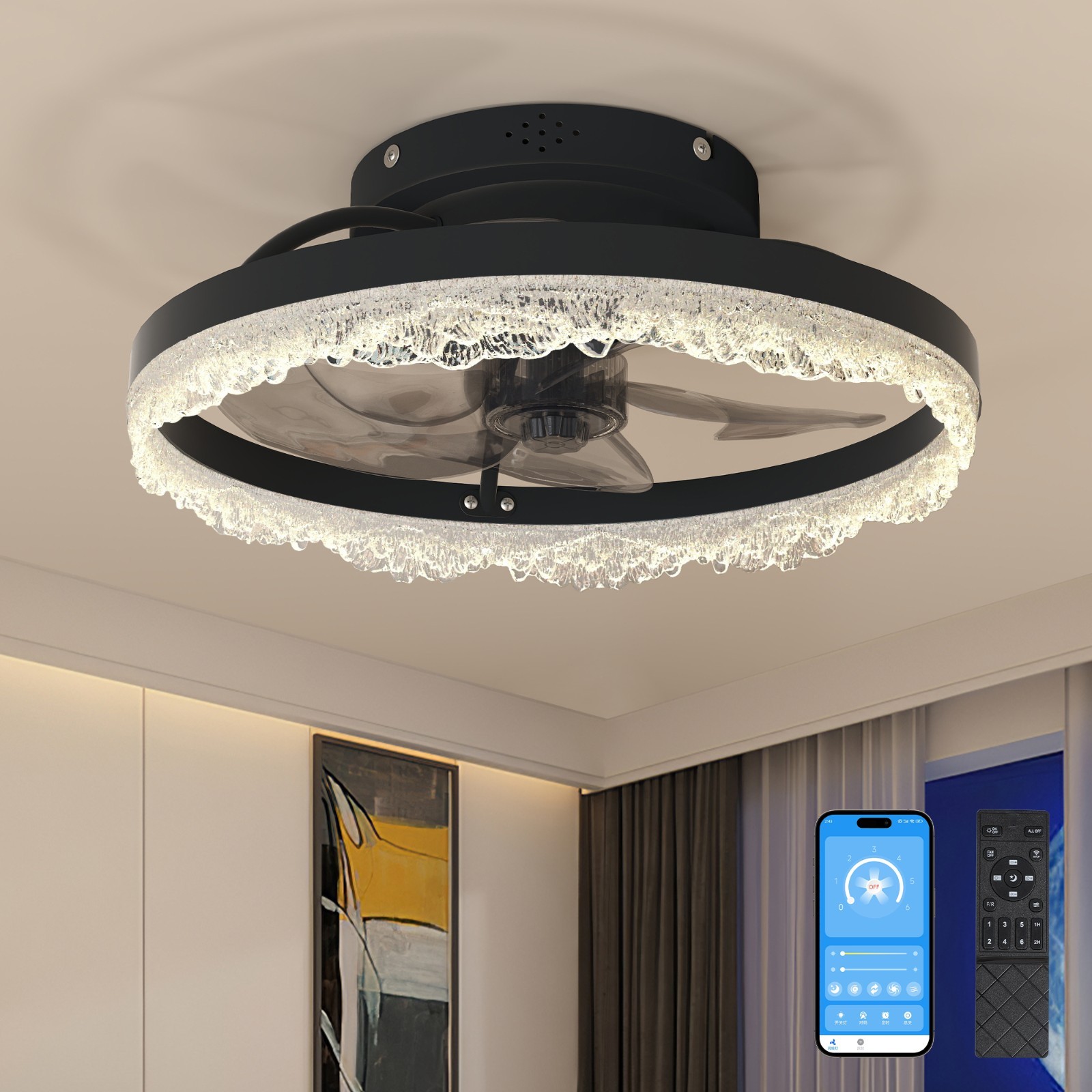 16" LED Ceiling Fan Light, Flush Mount w/ Crystal Acrylic Ring & Remote,Dimmable