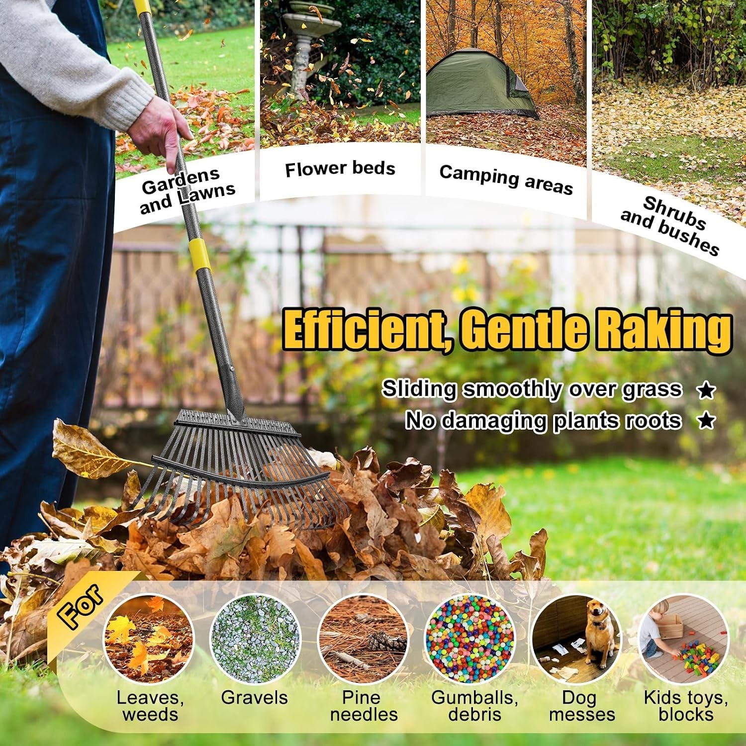 Garden Rake for Leaves: 18” Wide Metal Leaf Rake, 65” Long Adjustable Handle,...