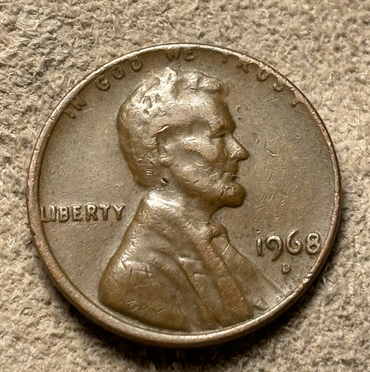 1968 D Uncleaned Lincoln Memorial Penny, Rim Error Struck Coin L on edge rare