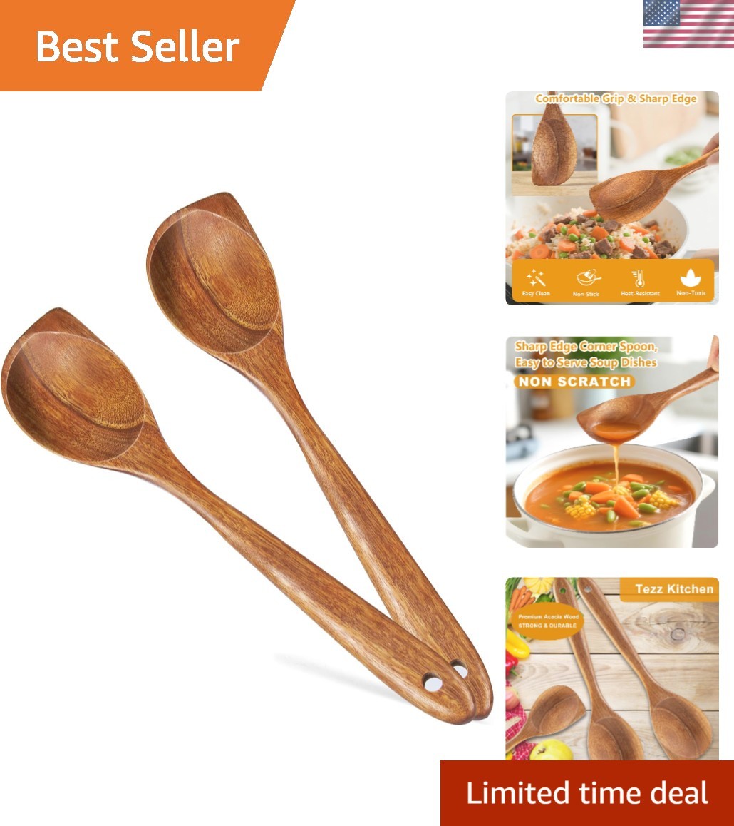 Eco-Friendly 2 Wooden Cooking Spoons - Stylish Acacia Utensils for Your Kitchen