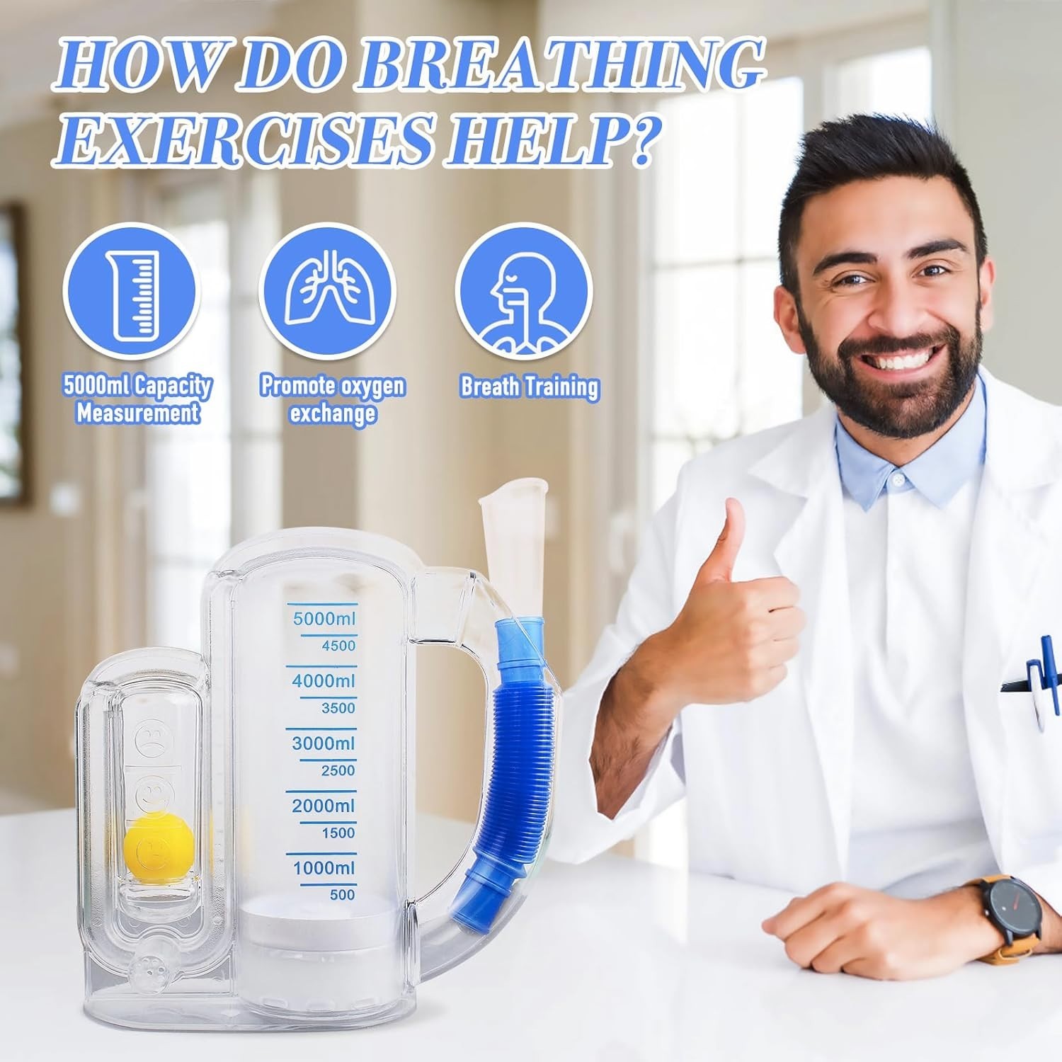 Incentive Spirometer Adult, Breathing Exercise Device for Lungs, Deep 5000ml