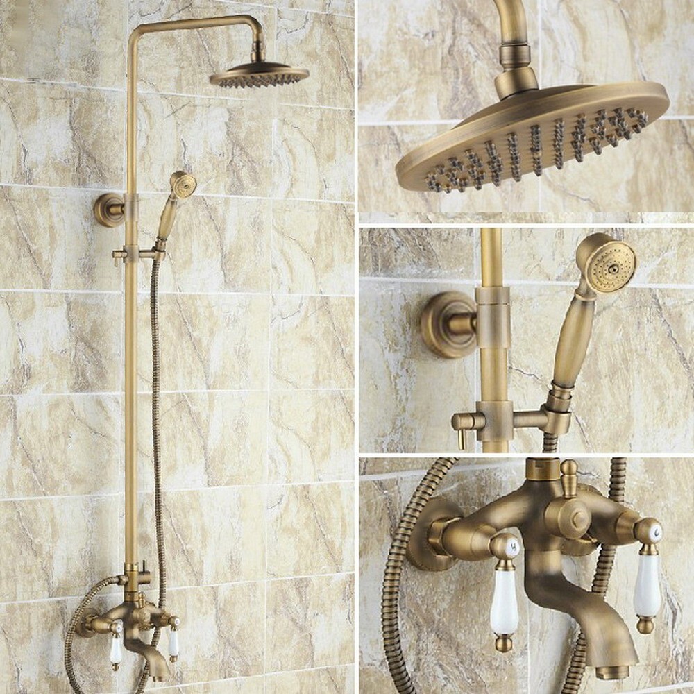 Antique Brass Bathroom Rain Shower Faucet Set Dual Ceramic Lever Tub Tap Frs042