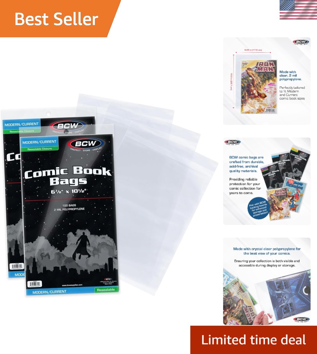 Resealable Current/Modern Comic Bags - 200 ct | Acid-Free Modern Comic Bags f...