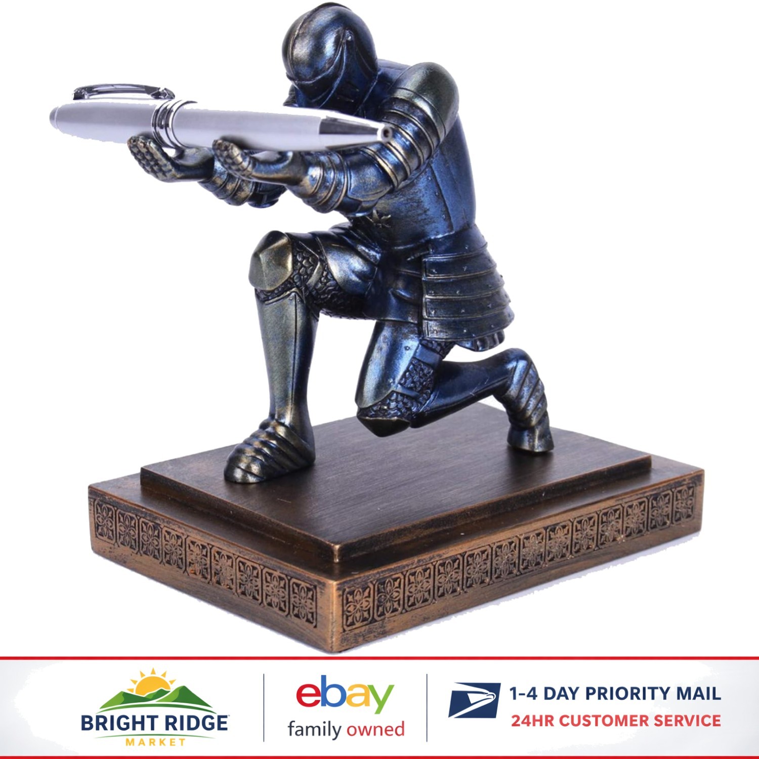 Executive Knight Pen Holder in Blue Resin for Desk Organization and Decor