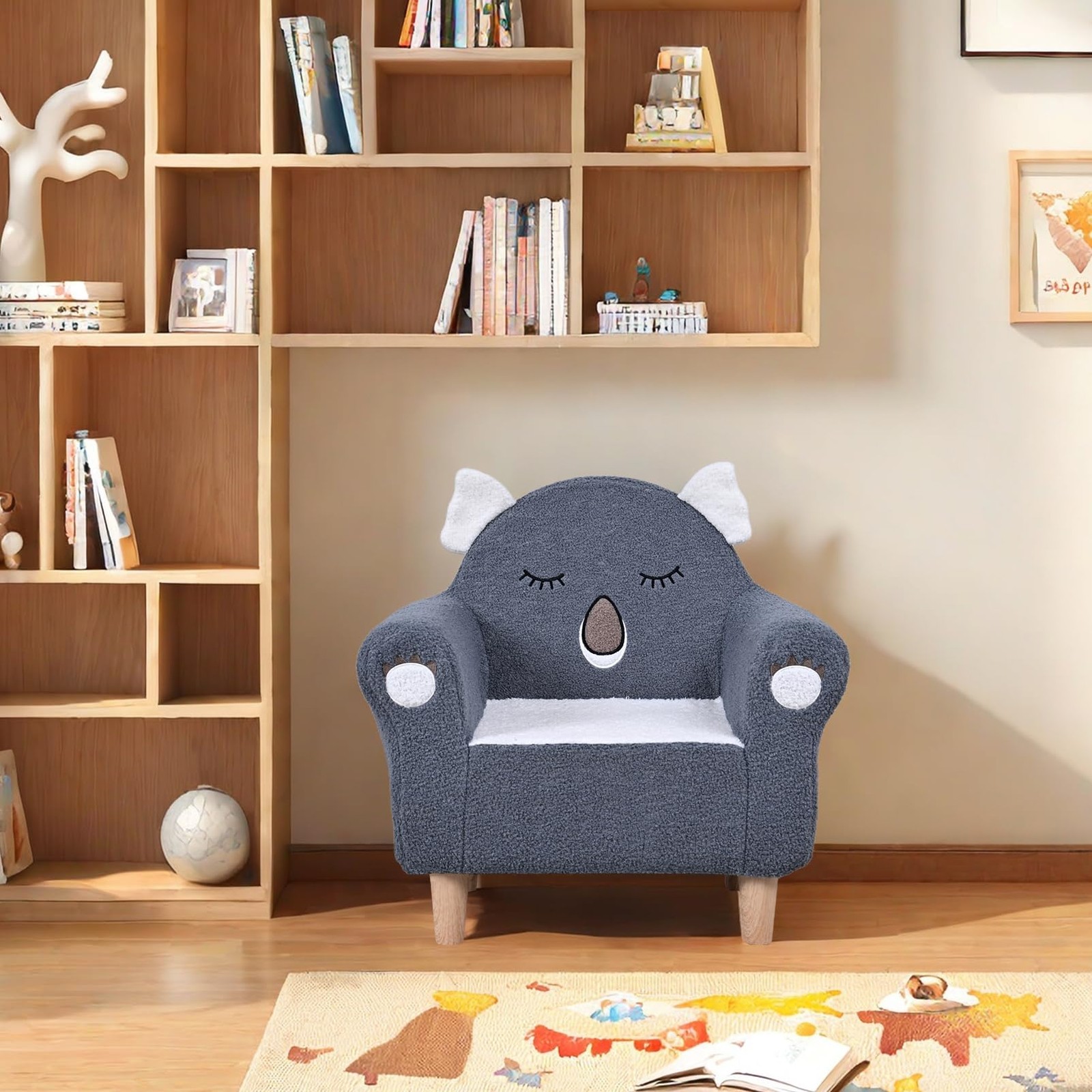 Kid's Sofa with Embroidered Animal Motifs and Legs,Toddler Armchair with Wood...